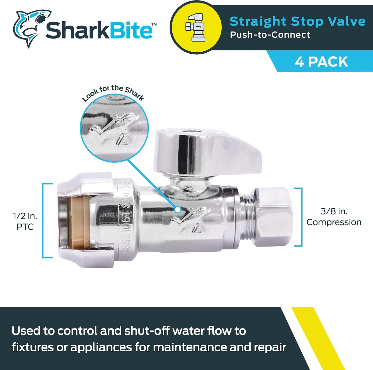 SharkBite 1/2 x 3/8 Inch Compression Straight Stop Valve, Pack of 4, Quarter Turn, Push to Connect Brass Plumbing Fitting, PEX Pipe, Copper, CPVC, PE-RT, HDPE, 23037LFA4