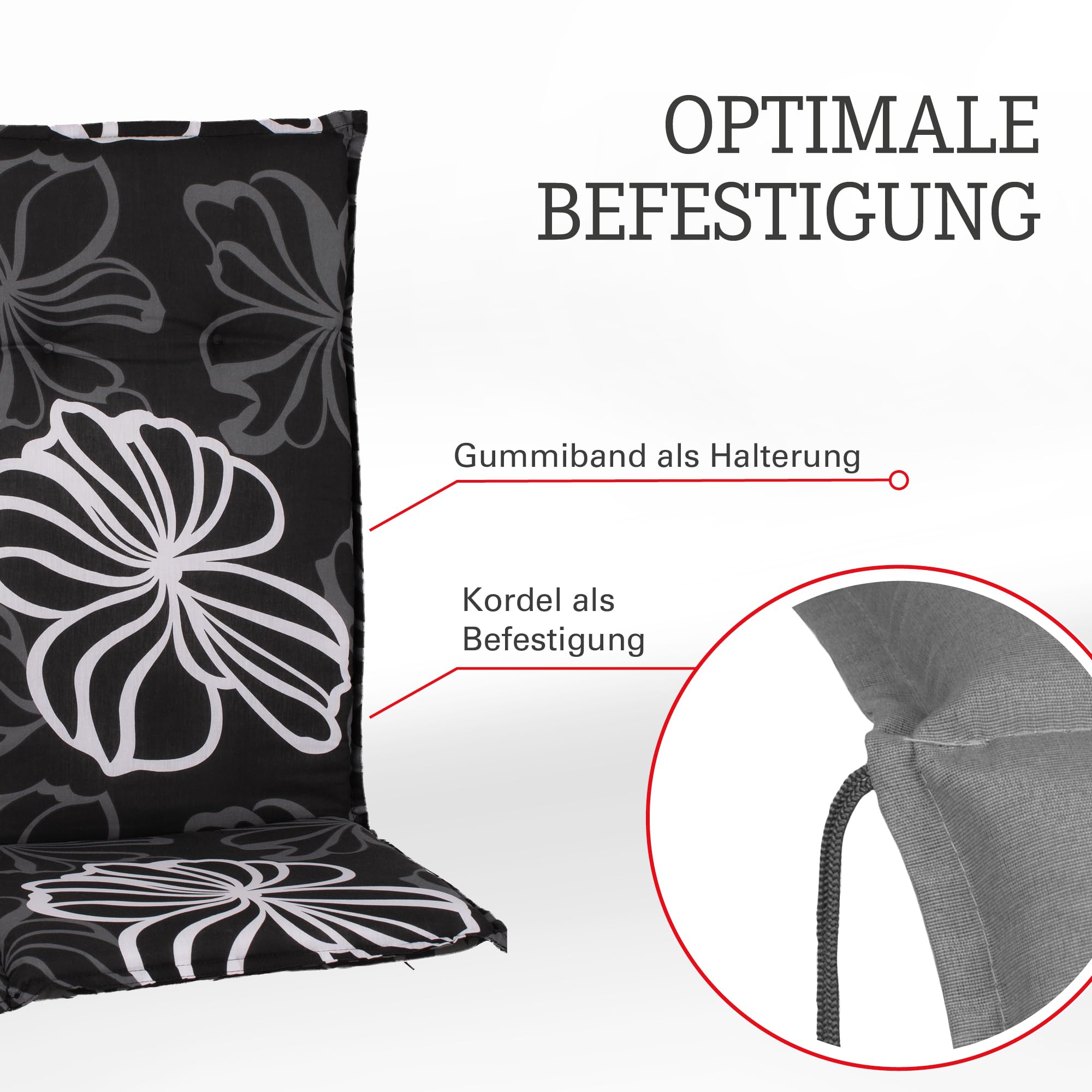 Beo Gartenstuhlauflagen Hochlehner 2er Set Barcelona | Made in EU nach Öko-Tex Standard | Hochlehner Auflagen waschbar | Atmungsaktive Stuhlauflagen Hochlehner mit Blumen in Grau-Schwarz-Weiß