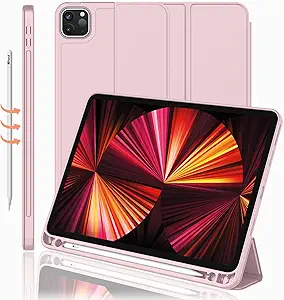iMieet New iPad Pro 11 Inch Case 2022(4th Gen)/ 2021(3rd Gen) with Pencil Holder [Support iPad 2nd Pencil Charging/Pair],Trifold Stand Smart Case with Soft TPU Back,Auto Wake/Sleep(Pink)