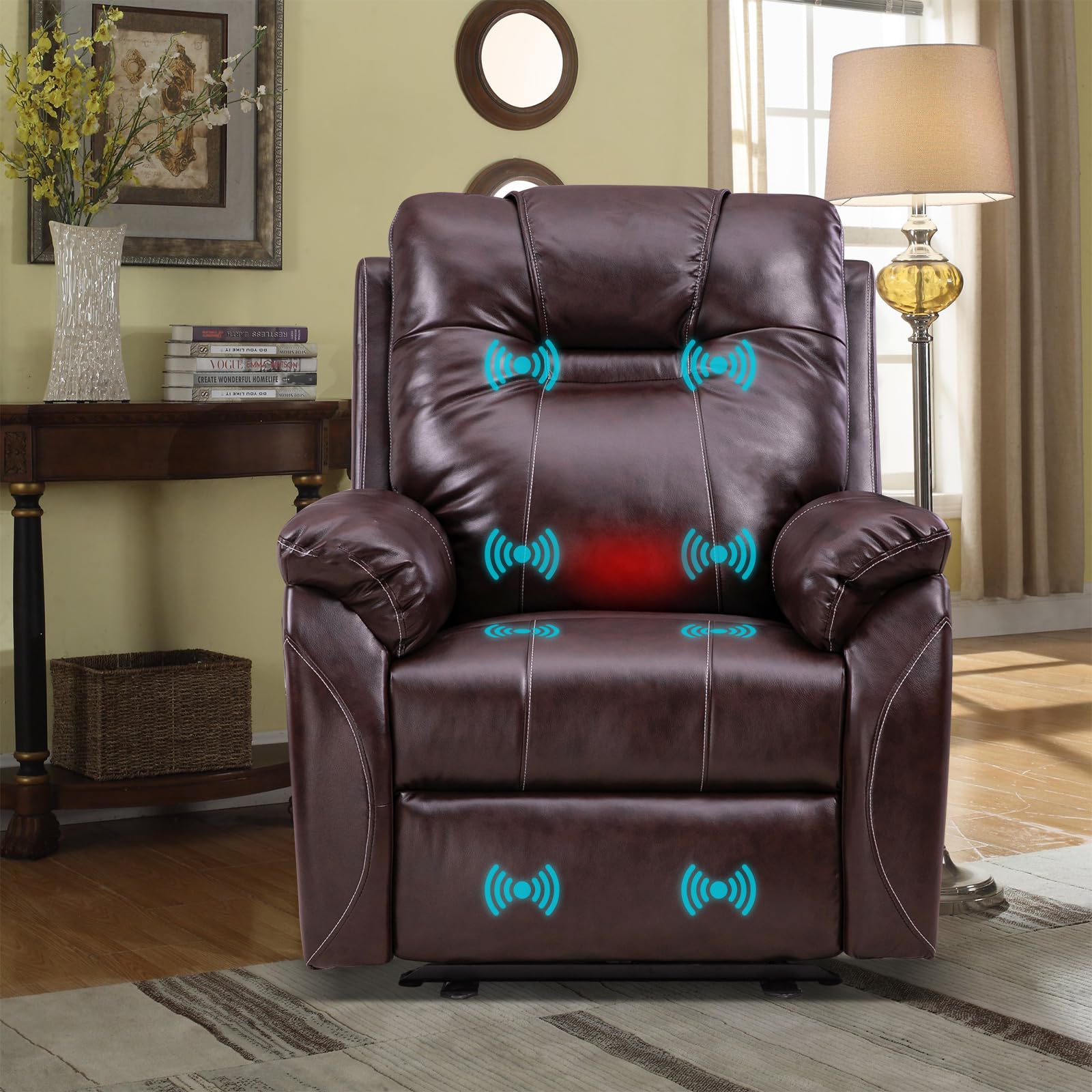 Power Recliner Chair with Massage and Heat, Extended Footrest, Faux Leather Electric Recliner Chairs for Adults, Recliner Chair with USB Port, 2 Side Pockets for Living Room, Bedroom