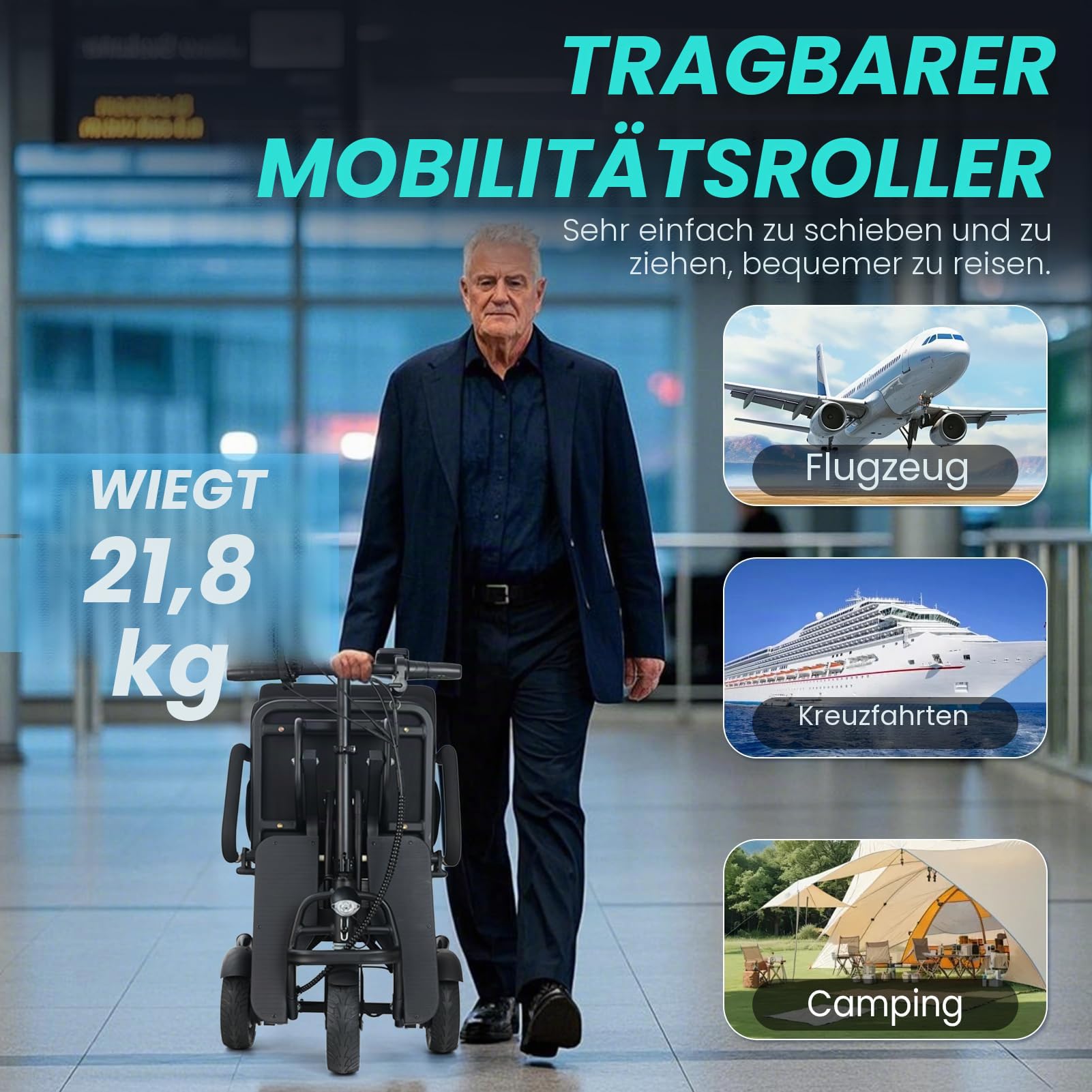 Verbessert Elektromobil für Senioren, 15km/h Elektromobil klappbar, Rollstuhl Elektrisch Faltbar, Reisemobilitätsroller Mit inklusive Rucksack und Staubbeutel, keine Montage erforderlich