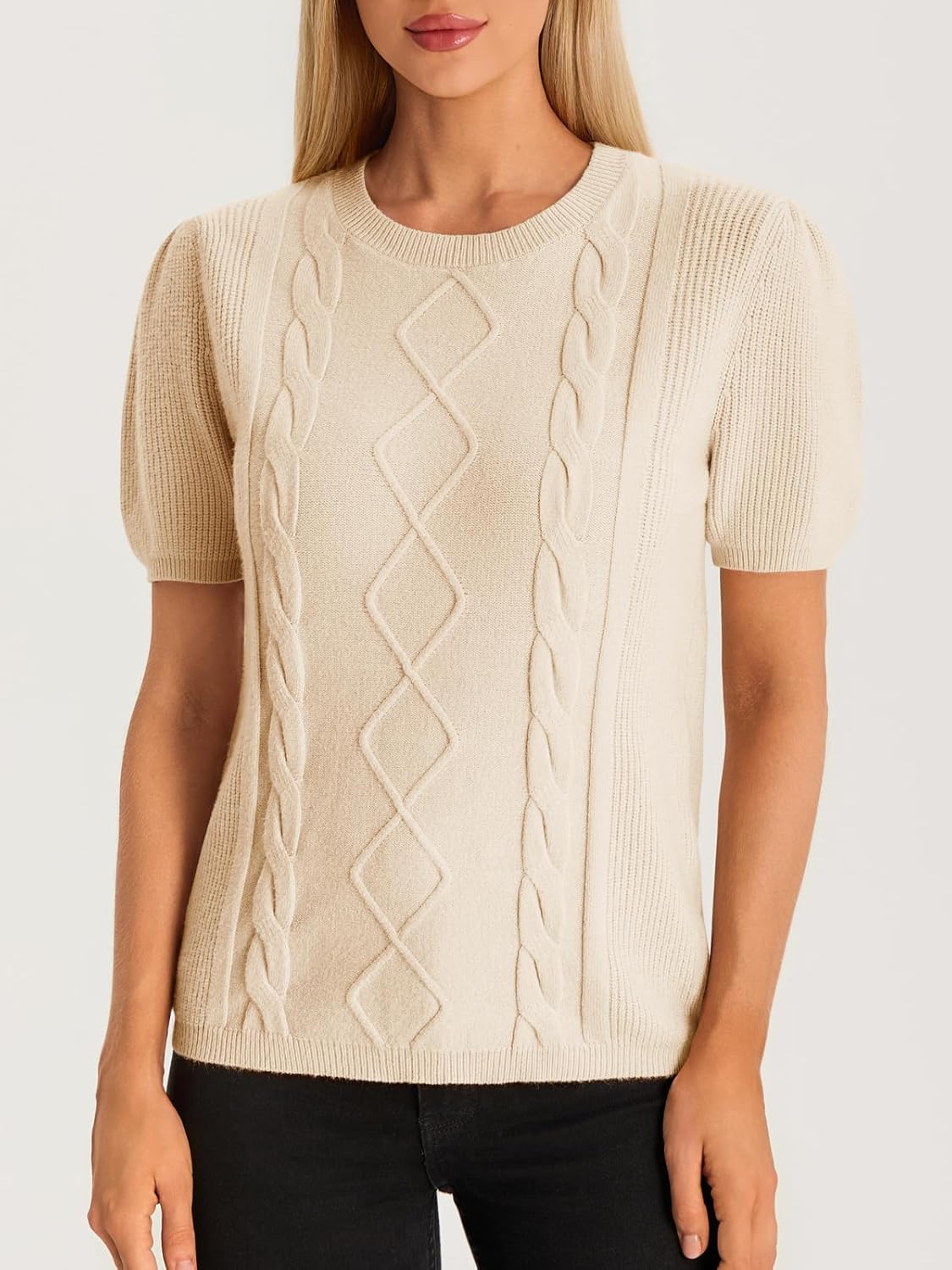 Cicy Bell Womens Puff Short Sleeve Sweater Tops Cable Knit Crew Neck 2026 Spring Shirts Lightweight Dressy Casual Sweaters - Image 6