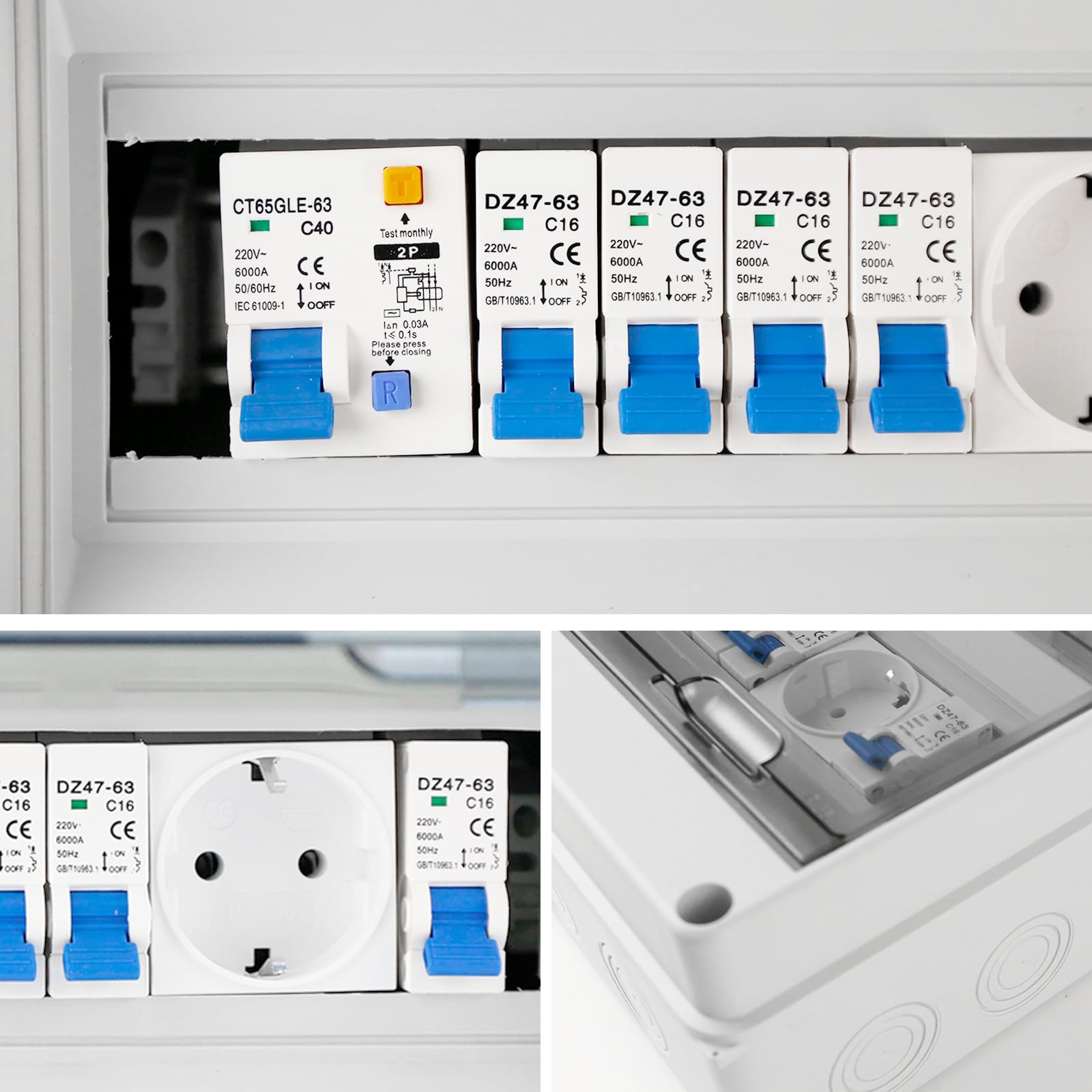 Caja Distribución Montada Superficie, Caja Fusibles Superficie Armario Distribución Ip65 Caja de Distribución Eléctrica con Disyuntor 230V FI 40A 2P y Toma de 16A Distribuidor de Corriente Fuerte