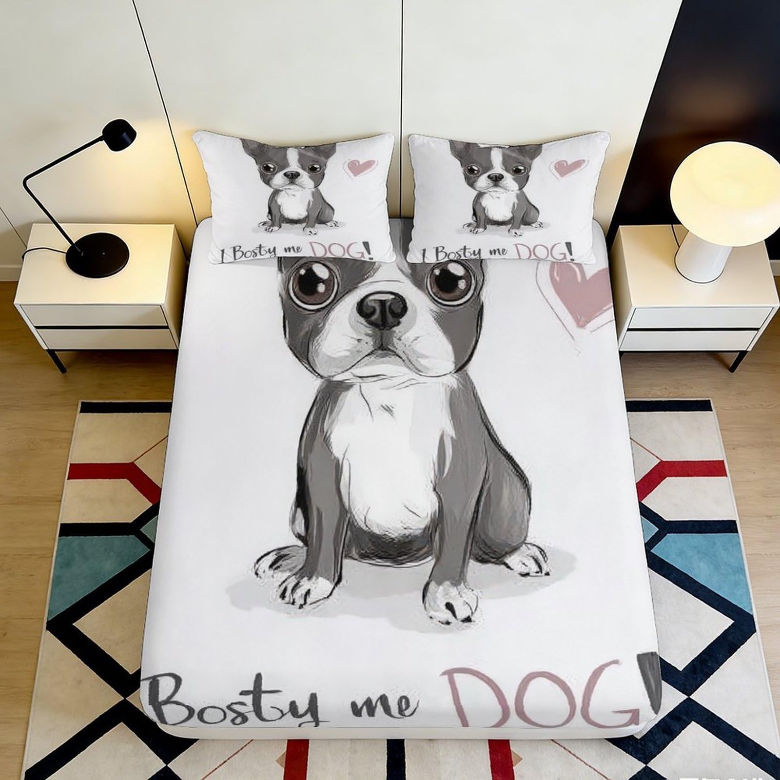 3D Printed Cute Dog Fitted Sheet Microfiber Soft Breathable Cartoon Puppy Bed Cover for Bedroom Dormitory Guest Room Mattress Protection Decor 120x200x25cm