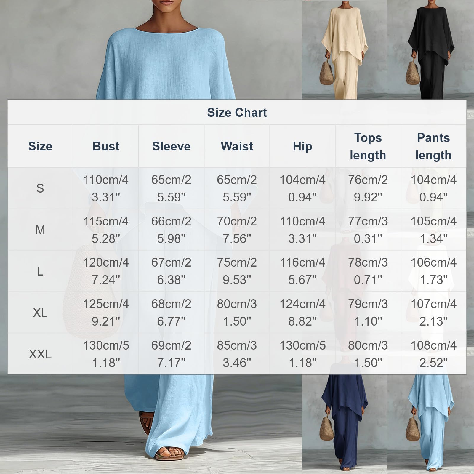 Générique Ensemble 2 pièces femme, haut manches longues uni en lin coton, pantalon large fluide, coupe décontractée design