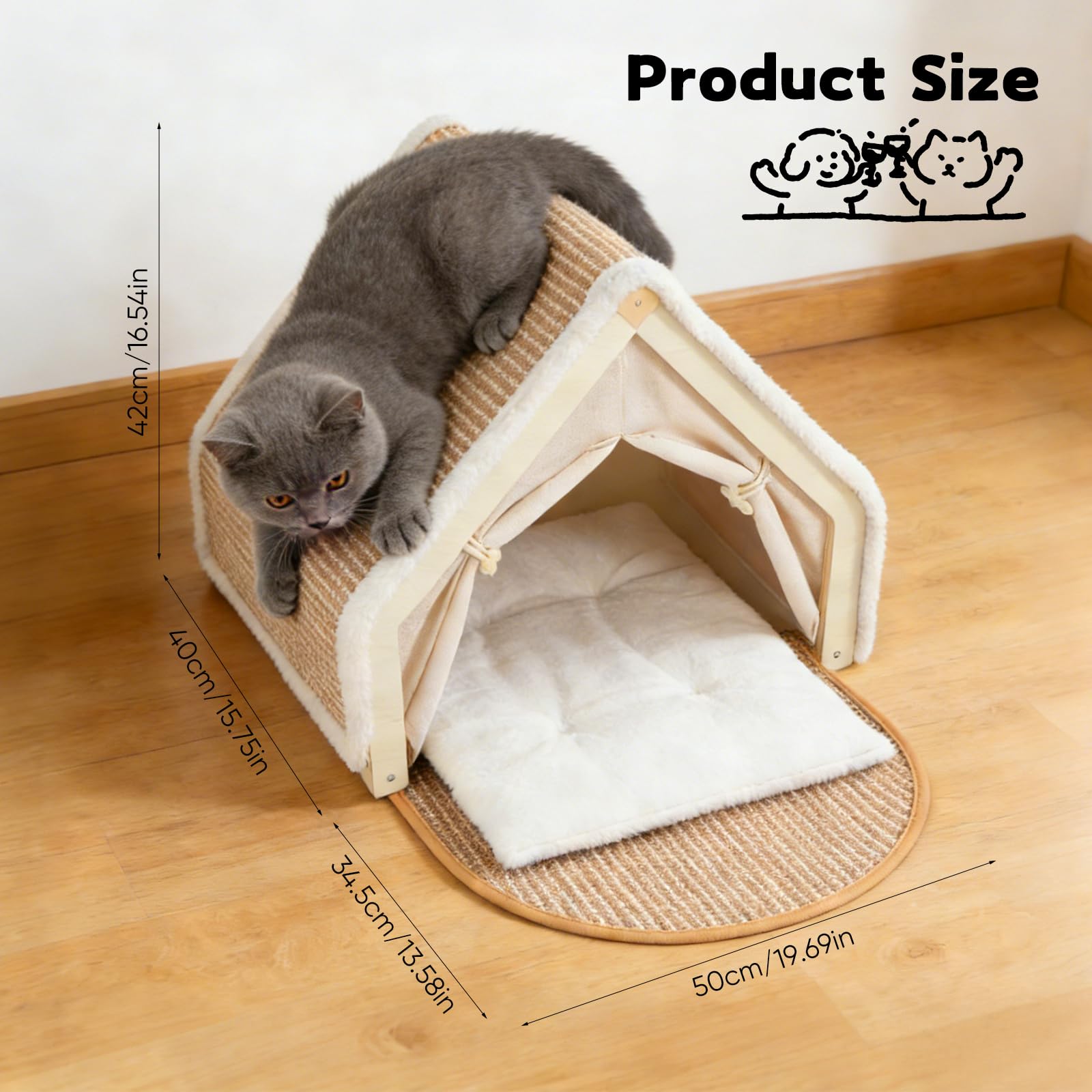 Tenda Per Gatti, Tana In Sisal Tenda Per 1-2 Gatti E Tiragraffi 2 In 1 In Legno Per Interni Con Cuscino E Tetto Lavabili 50 X 40 X 40 Cm Cuccia Accessori Per La Stanza Degli Animali