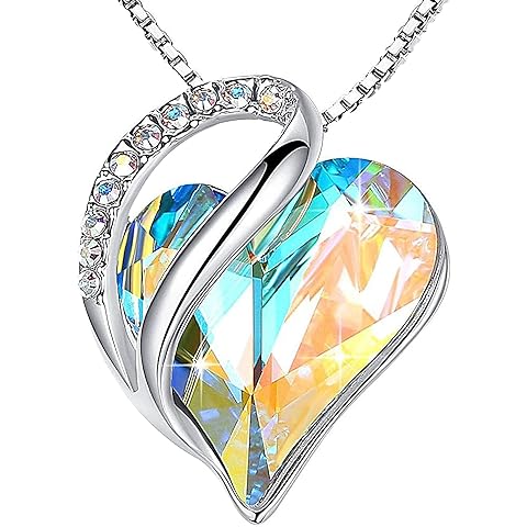 Leafael Necklaces for Women, Infinity Love Birthstone Heart Crystal Pendant, Birthday Jewelry Gifts for Her, Mom, and Wife, Silver Plated, 18 plus 2 inch Adjustable Chain