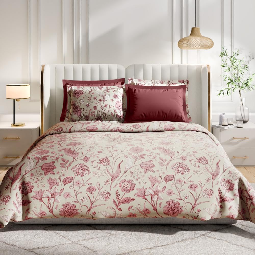 Wakefit Premium 100% Cotton 300 TC Flat Bedsheet with 4 Pillow Covers | King Size (104 x 104 inch) | Caroline