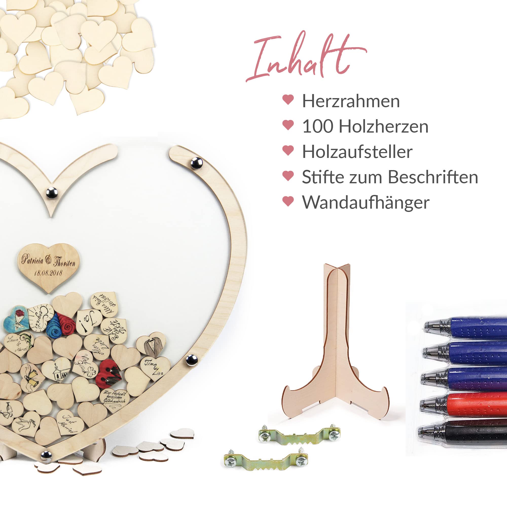 Hochzeitsgästebuch Holz Herz – personalisierte Gravur – 50×42 cm | 100 Holzherzen | Gästebuch Hochzeit mit Acrylglas | Handmade in Germany