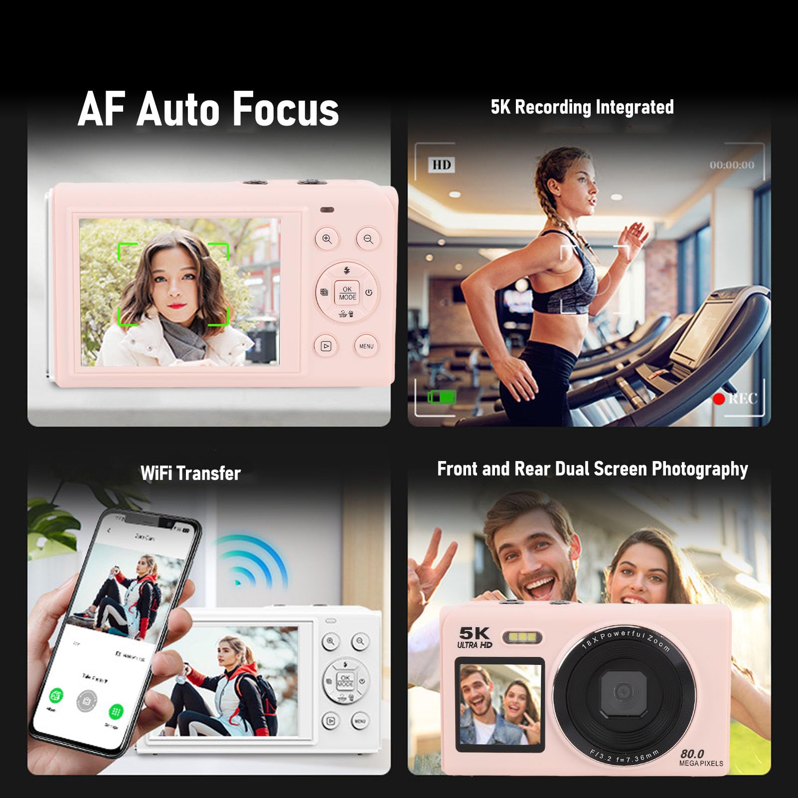 Diyeeni Aparat Cyfrowy, Kamera FHD 5K 80 MP z Podwójnym Ekranem, 18-krotnym Zoomem, Automatycznym Ustawianiem Ostrości, Aparat dla Dzieci z Wi-Fi, Filtrami, kartą 32 GB, Kompaktowe Małe (PINK)