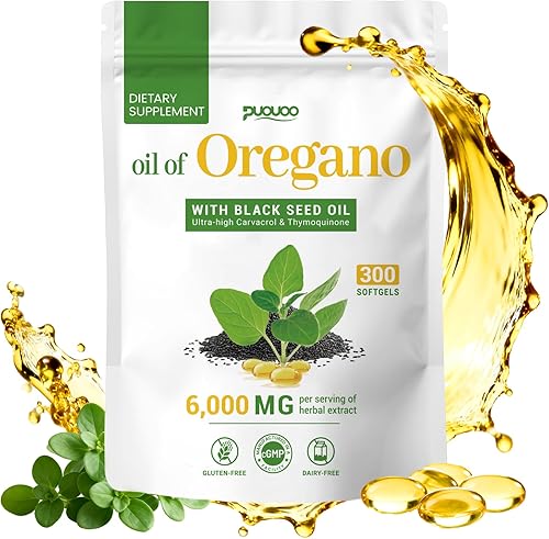 Cápsulas de aceite de orégano 2 en 1, aceite de orégano con aceite de semilla negra, suplemento extraído de hierbas con carvacrol  300 cápsulas -