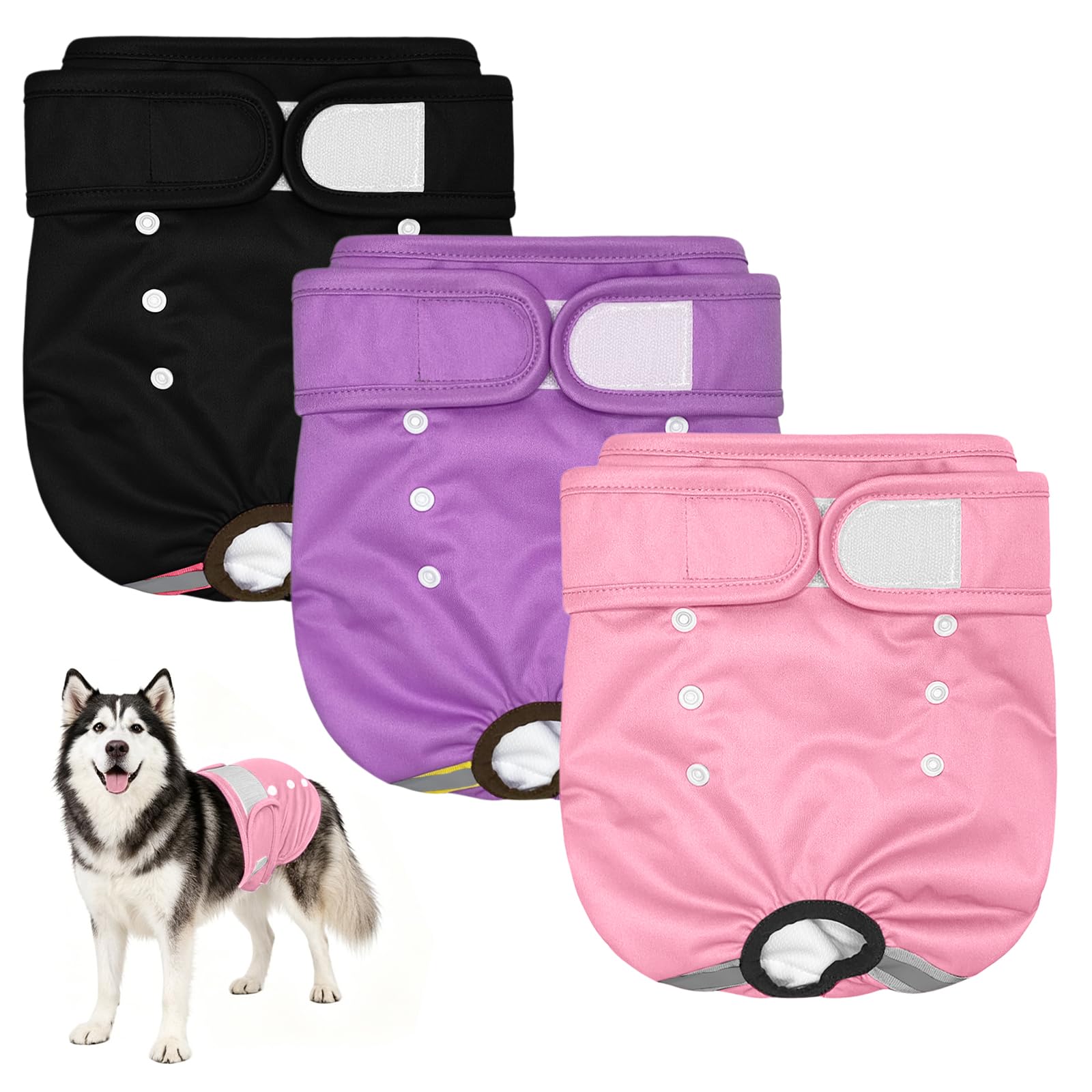 AMFUN 3 Pack Female Dog Nappies with Suspender, Washable and Reusable Dog Diapers, Dog Period Pants, Super Absorbent Dog Nappies for Incontinence,Period,Training,Travel -Black/Purple/Pink (L)