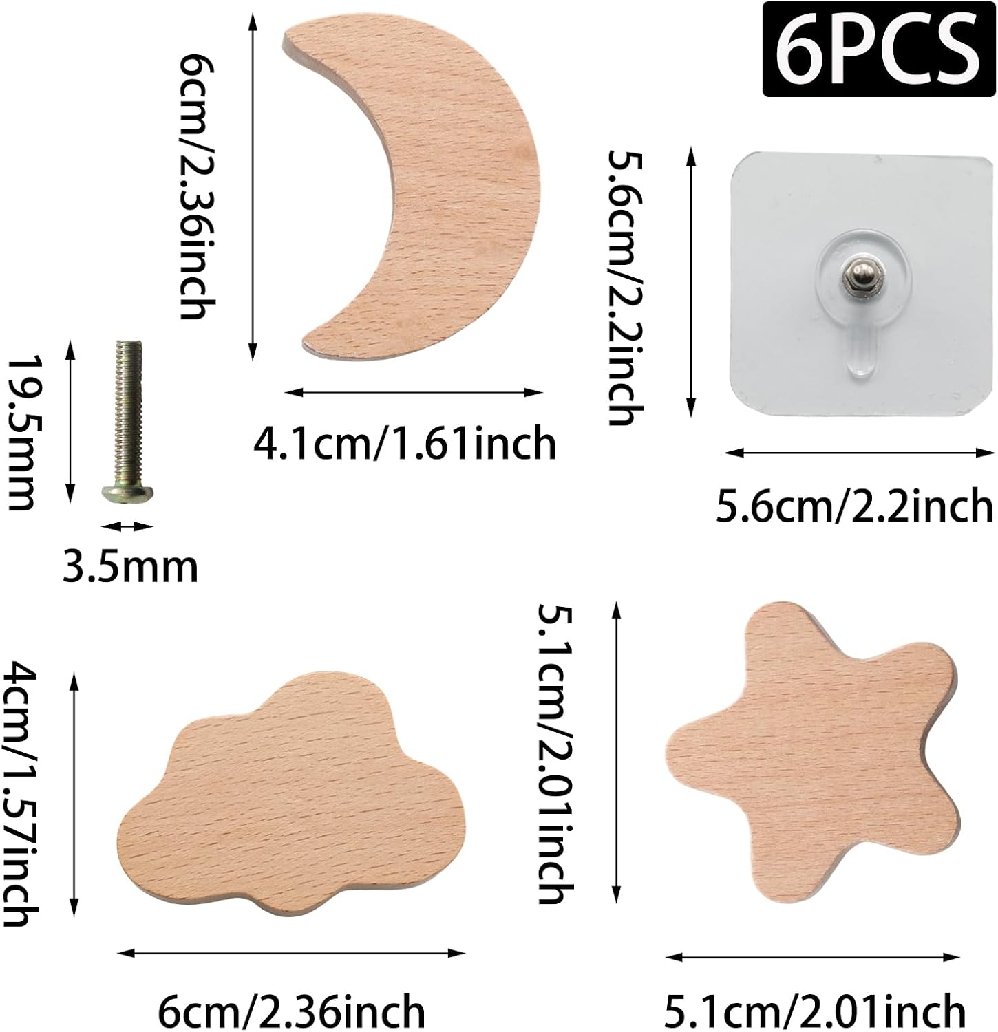 6 Pack Wooden Cabinet Knobs, Star Moon Cloud Shape Drawer Pulls Decorative Wood Dresser Knob, Cute Wooden Knobs for Furniture (Natural Wood Color) image 2