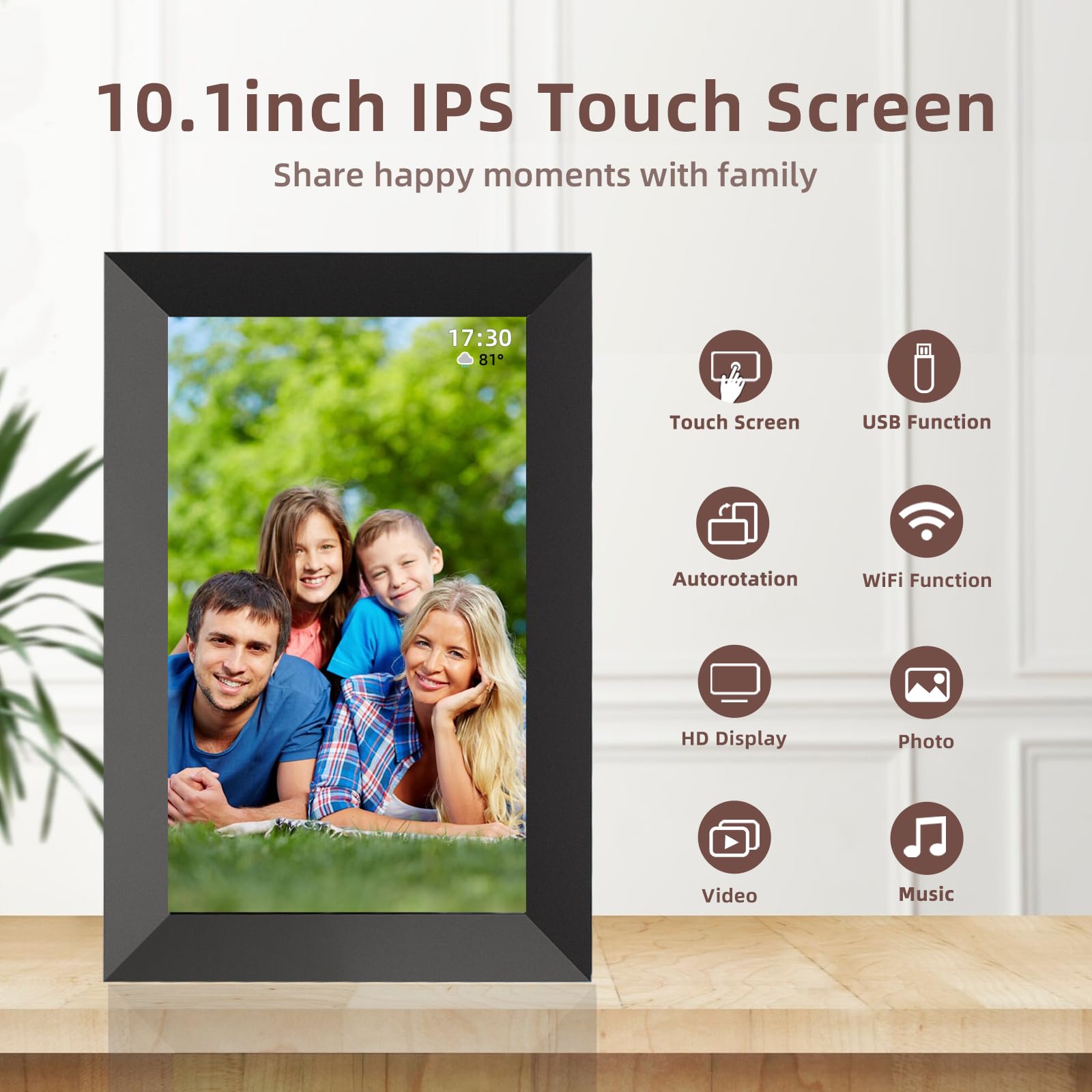 Cadre Photo Numérique WiFi-10,1 Pouces Écran Tactile HD IPS 1280 x 800, Mémoire 32 Go, Rotation Automatique, Montage Mural, Partage Facile de Photos et de Vidéos Instantanément, Frameo