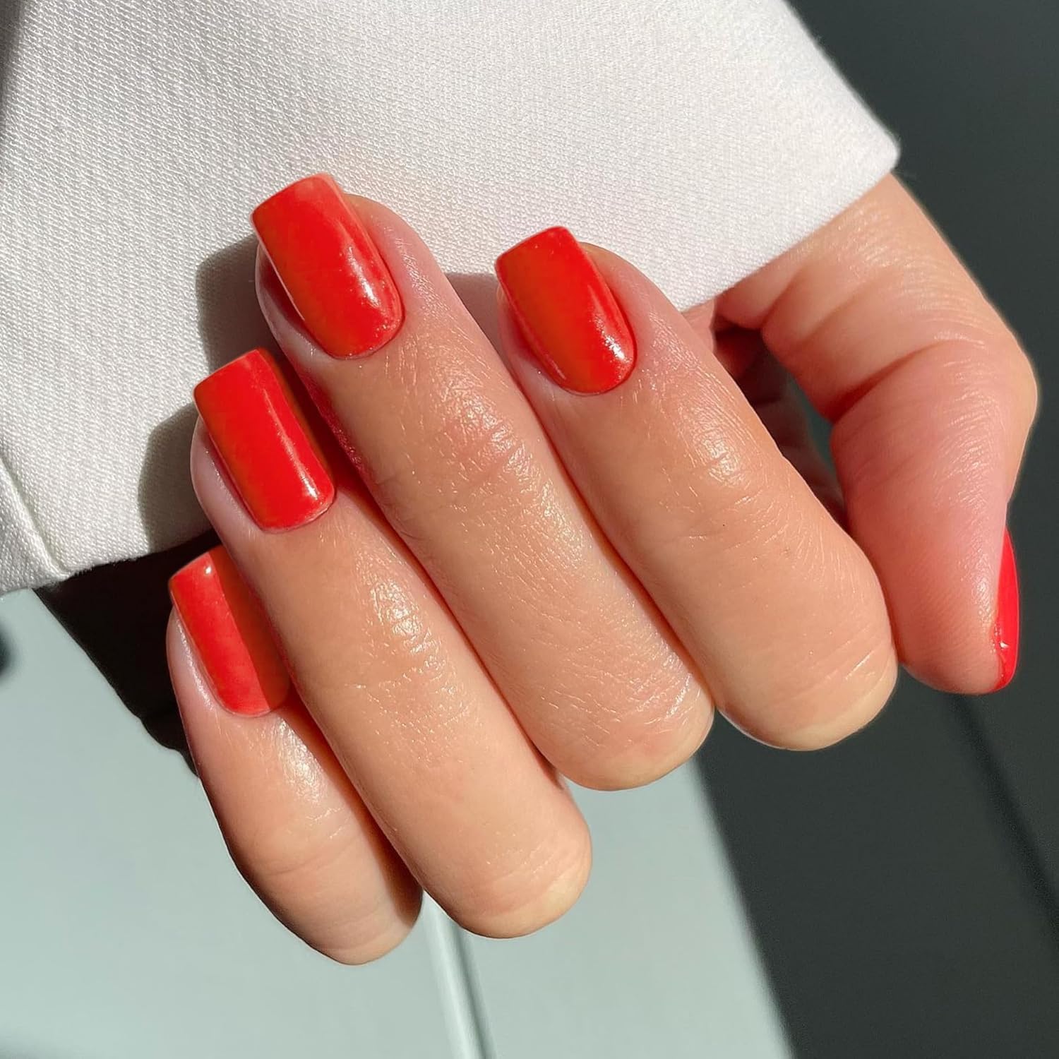 KQueenest Acrylic Press on Nails Short Medium Square, Light Red False Nails Short Coffin - Image 3