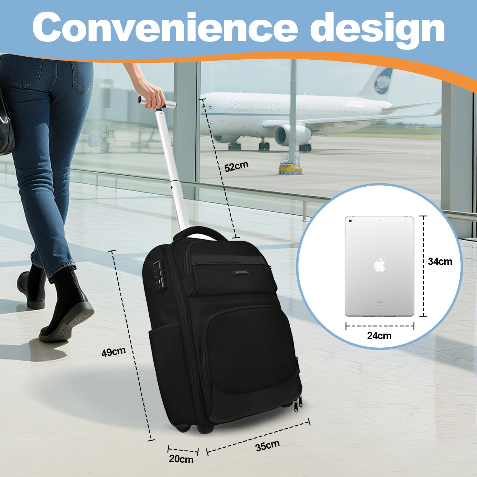 Hivexagon Passwortgeschützter Rollrucksack, 21 Zoll wasserdichter Laptop-Rollrucksack, Handgepäck-Businesstasche, große Kapazität, mehrlagiger Stauraum