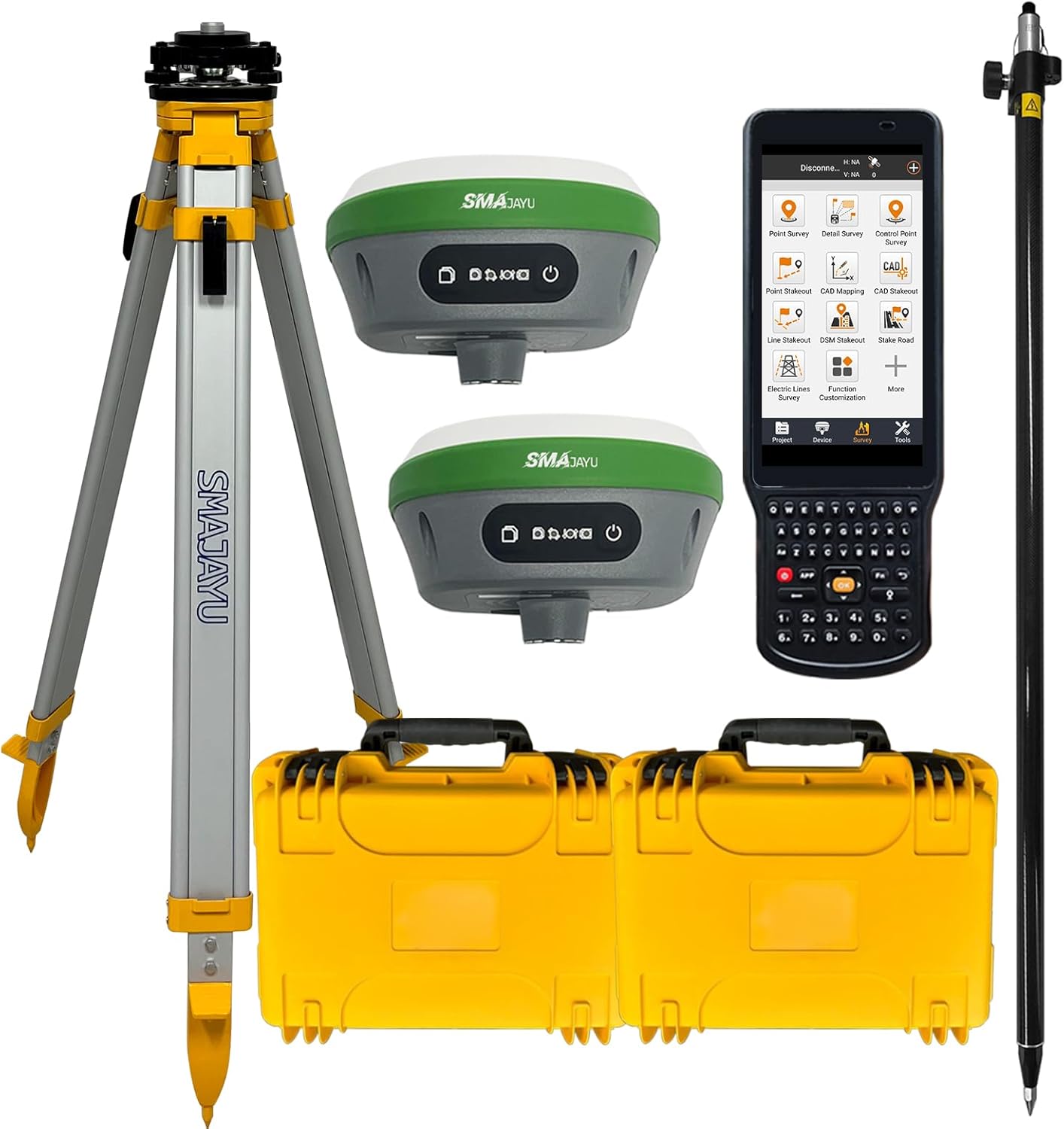 SMAJAYU SMA26 RTK GPS system with tripod, pole, two receivers, handheld collector, and two yellow cases.
