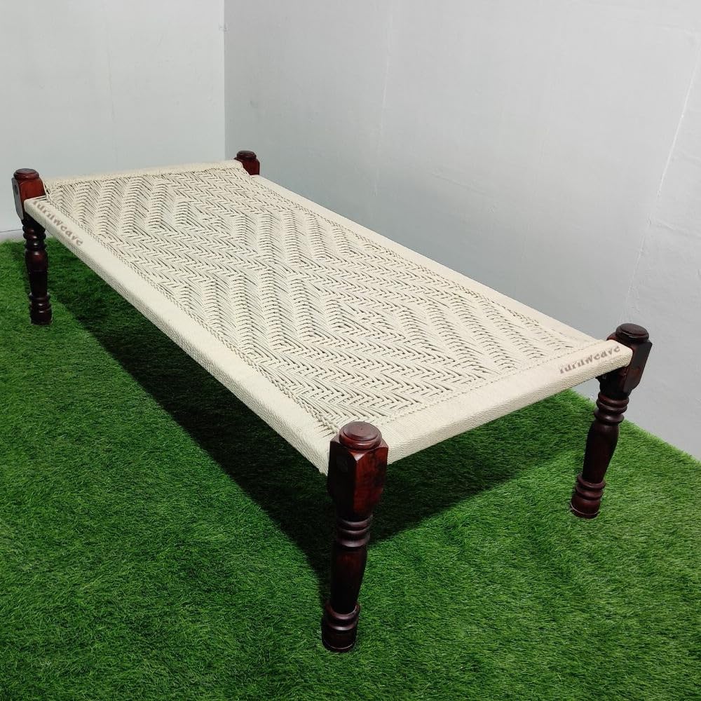 FURNWEAVE Solid Sheesham Wood Handmade Rajasthani Charpai | Cotton Rope Khatiya Charpai Single Bed Without Storage | Wooden Cot Bed | Khatiya-Khaat | 6X3 Feet | Color - White-image-1
