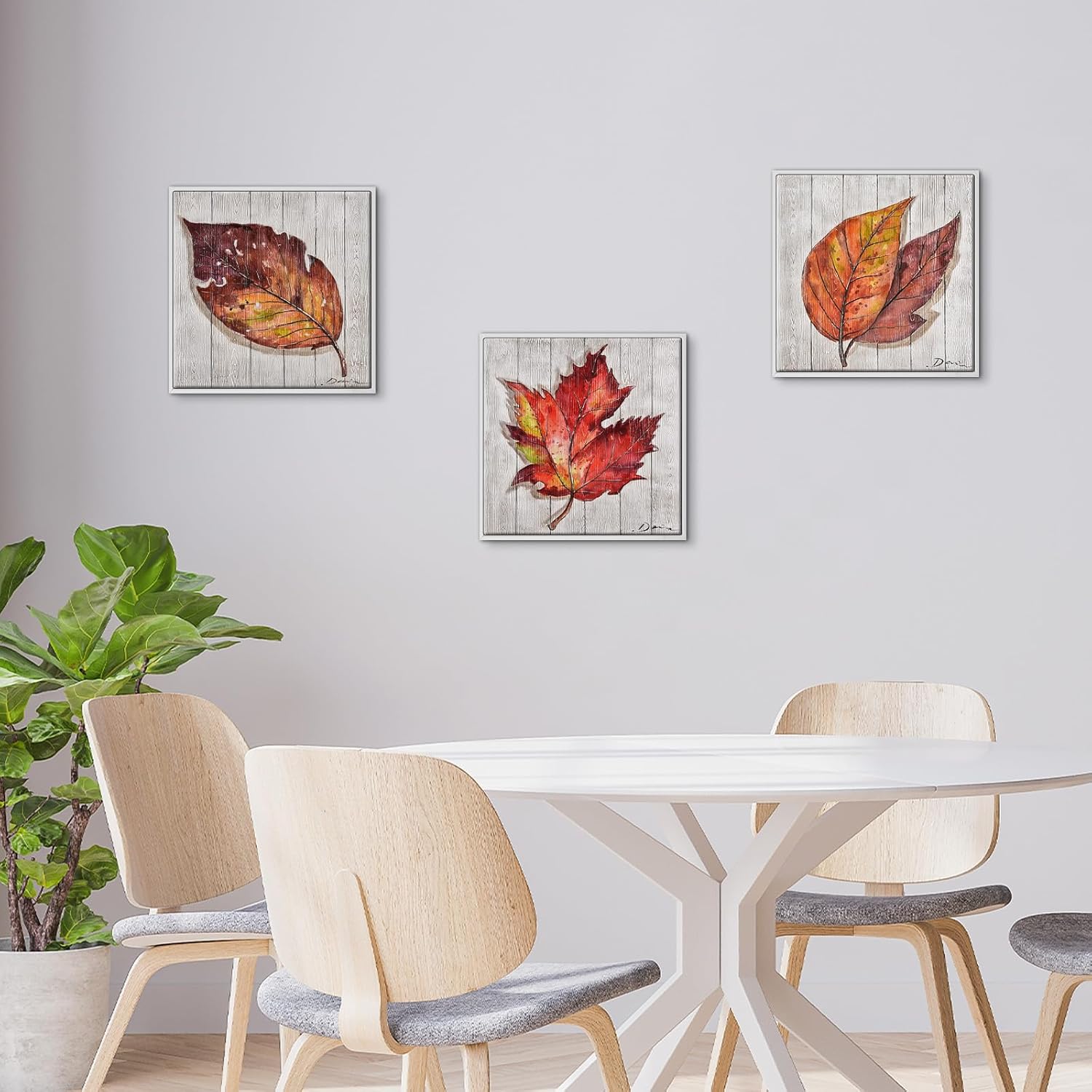 Framed Wall Art for Living Room, Landscape Art, Nature Wall Decor, Set of 3 Maple Leaves Decoration for Bedroom Kitchen, Farmhouse Bathroom Decor, 12.4 x 12.4 inches