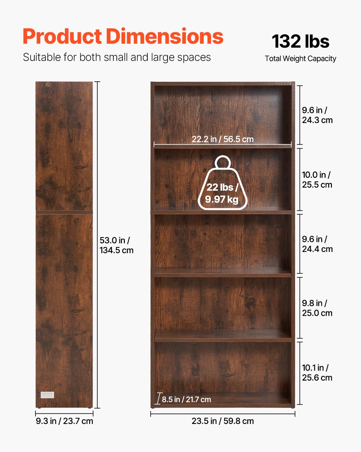 VEVOR Libreria Sottile a 5 Ripiani, Libreria Aperta in Legno 134,5 cm con Ripiano Regolabile in Altezza, Espositore da Pavimento Alto Autoportante, Scaffale per Biblioteca, Soggiorno, Ufficio, Marrone
