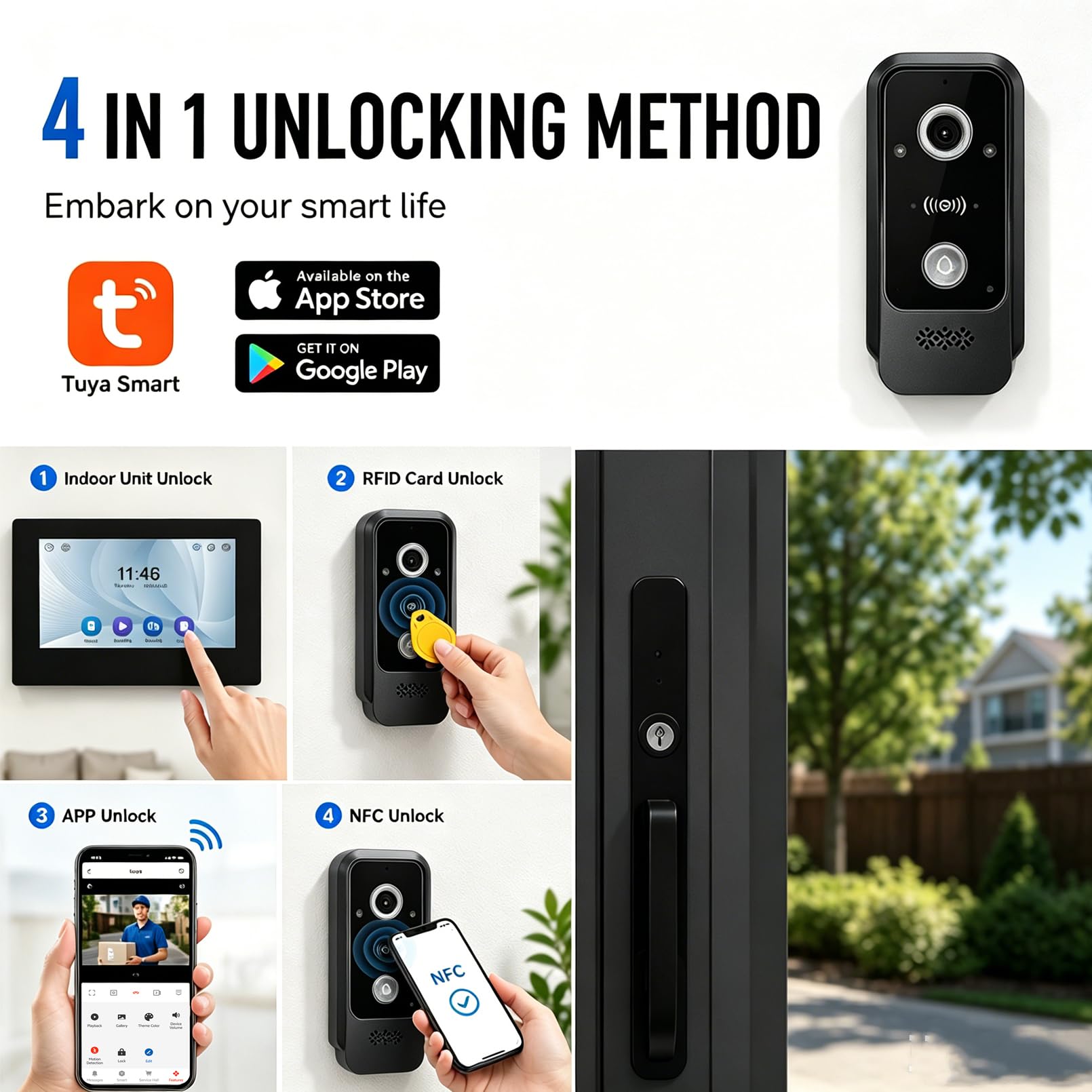 Tuya WiFi Sistema de Videoportero Inteligente de 2 Cables 1080P | Cámara HD,Desbloqueo RFID, Impermeabilidad IP65, Detección de Movimiento,Visión Nocturna por IR