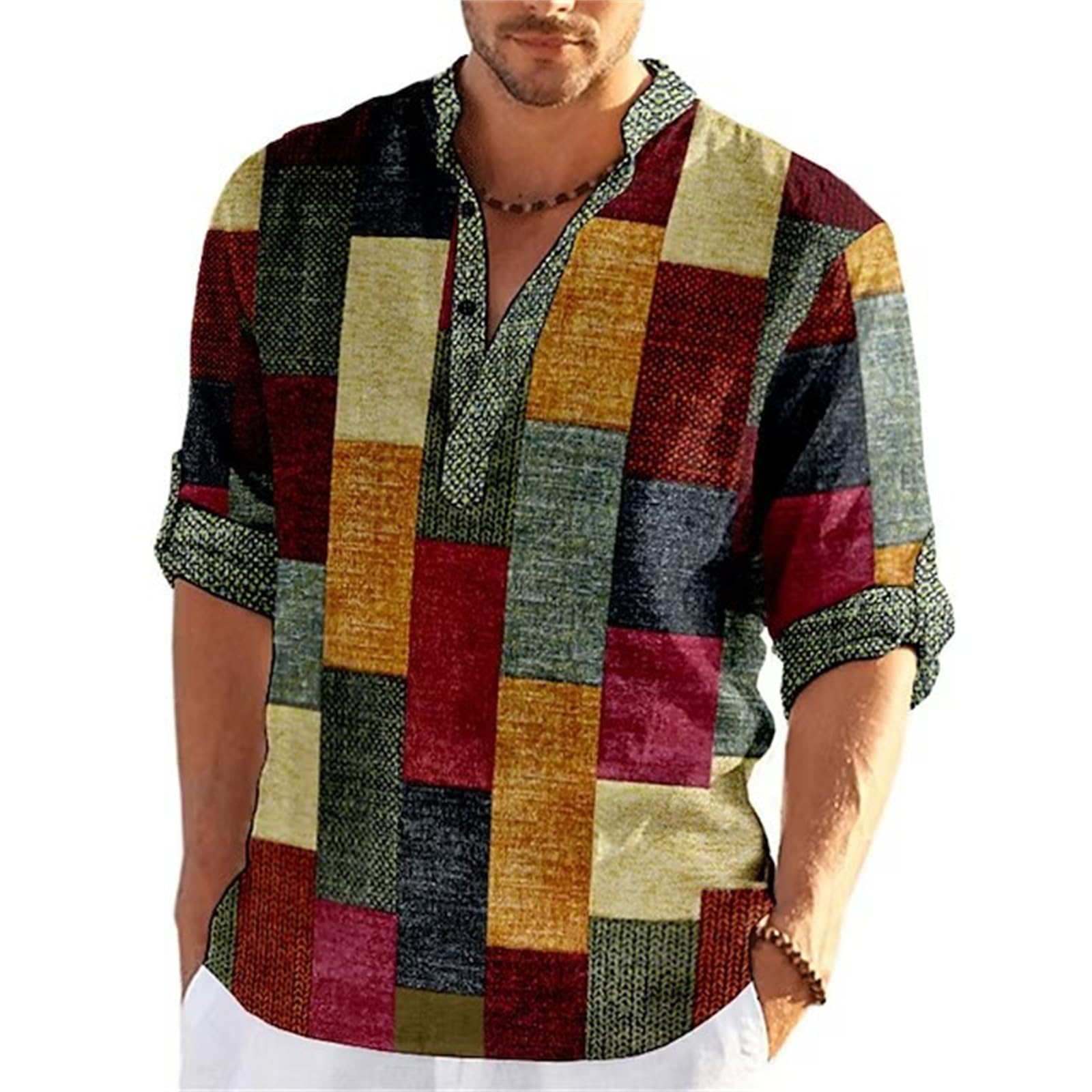 Men's Casual Stand Collar Shirt Plaid Graphic Button Down Blouse Fashion Regular Fit Shirts Comfortable Outdoor Street Henley Shirts