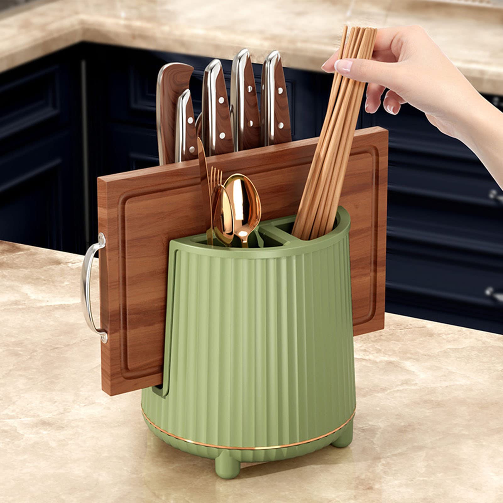 Multifunctional Rotating Knife Holder, Kitchen Counter Organization Knife Block, Green Plastic Kitchen Knife Storage, 8.5in Knife Block, Large Knife Rack for Knives, Chopsticks(Avocado Green)