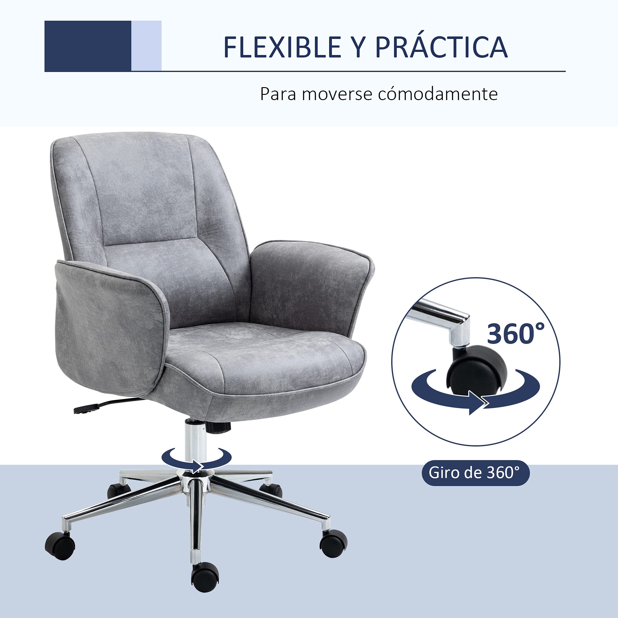 Vinsetto Silla de Escritorio Basculante Giratoria 67x69x92-102 cm Gris | Silla de Oficina, Tapizado en Microfibra, Altura Ajustable, con Reposabrazos, Respaldo Asiento Acolchado