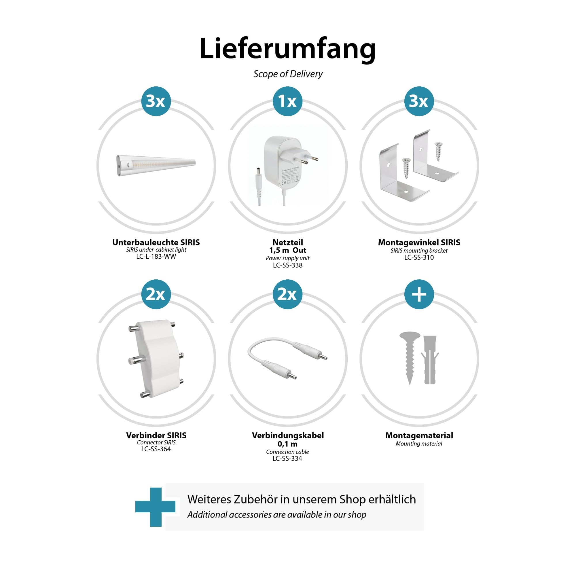 ledscom.de Luminaria LED bajo el armario SIRIS blanco mate, con conector, montaje en esquina, plano, cada 50cm, cada 531lm, blanco cálido, juego de 3