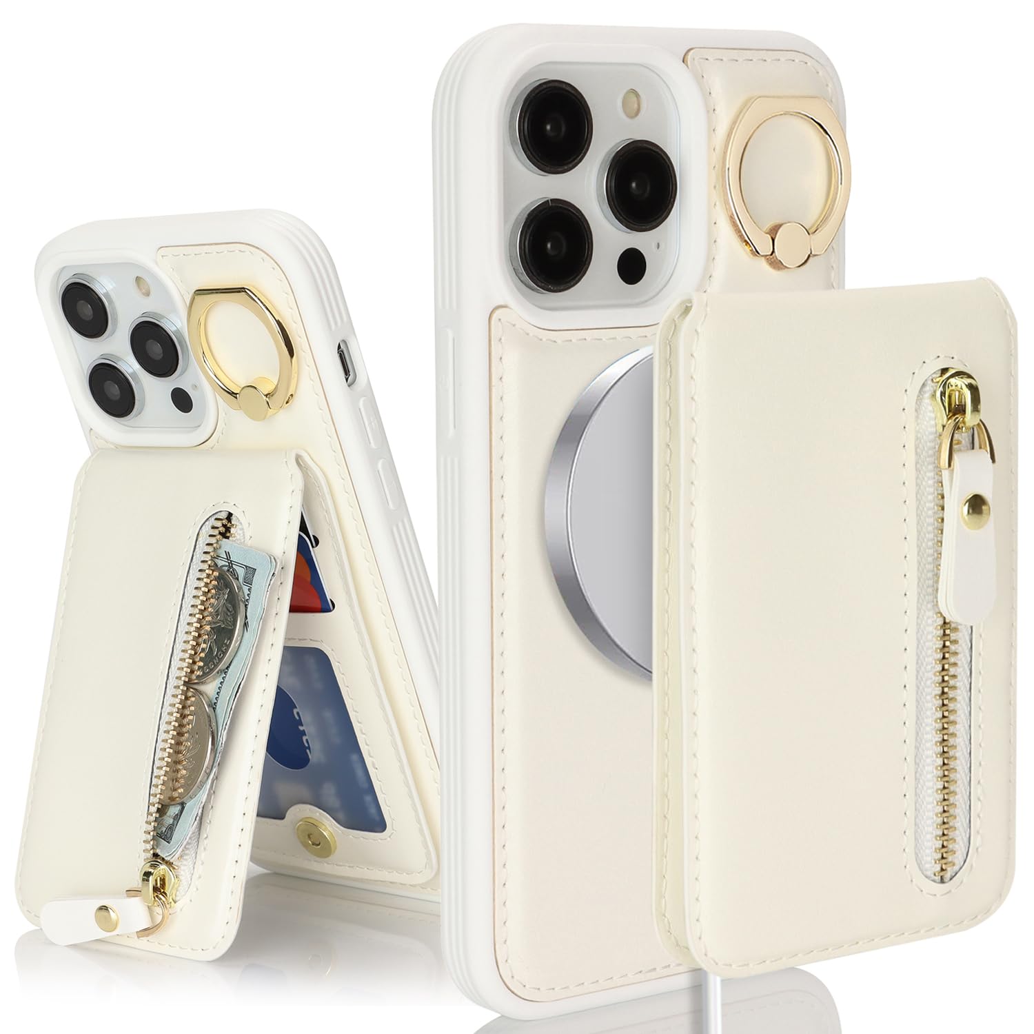 for iPhone 12 Pro Max Phone case with Card Holder with Compatible magsafe Magnetic, Key Chain PU Leather Flip Kickstand Detachable 2-in-1 Wallet case for Apple12promax Women Men-White