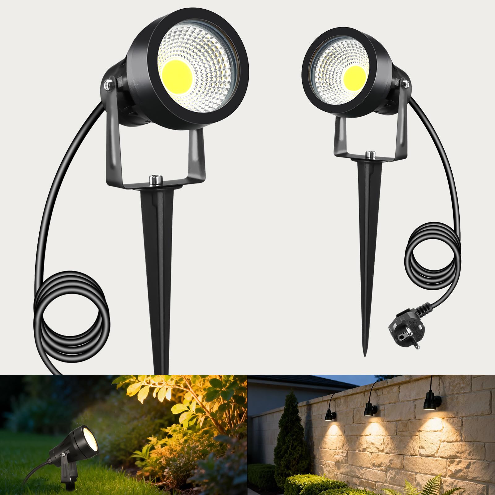 2 Pezzo Faretti da Giardino con Picchetto di Alimentazione 7W 700LM, Luci LED, Illuminazione per Giardino Impermeabile IP65, Faretto 220V 3000K Adatto per Pareti, Terrazze, Piante, Cavo da 2,5M