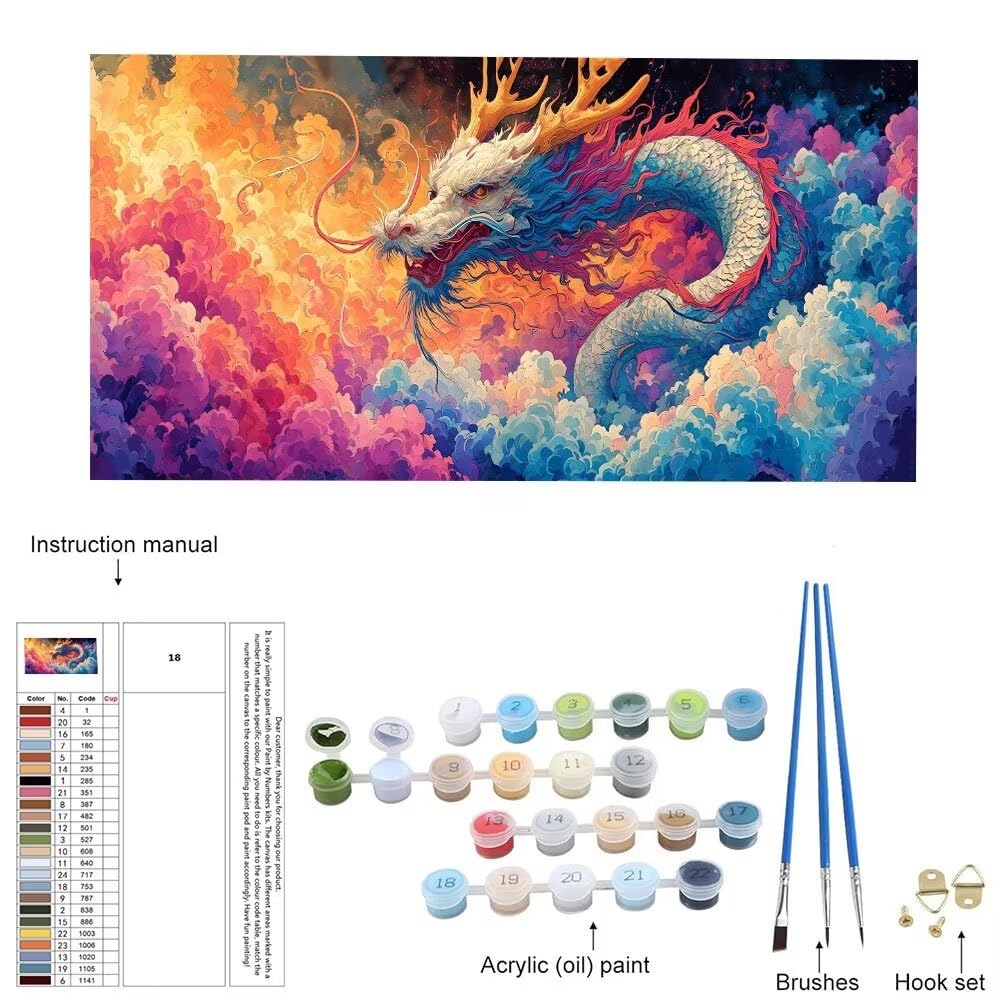 Malen Nach Zahlen Erwachsene xxl, Paint by Numbers Malen Nach Zahlen Drachen, DIY Geschenk Art mit Pinseln und Acrylfarben Handgemalt Ölgemälde Leinwand für Home Dekorieren, Ohne Rahmen 80x160cm W-996