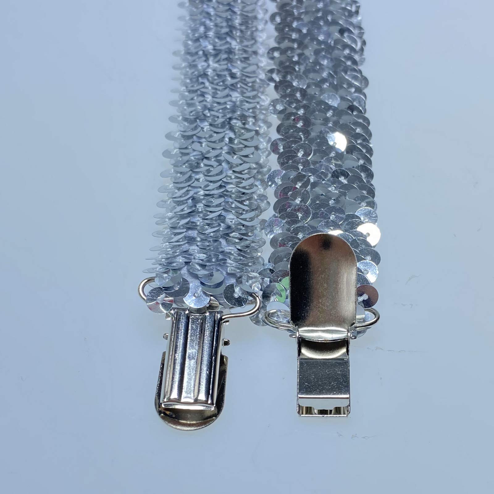 Tirantes elásticos anchos ajustables en forma de Y con 3 clips fuertes para mujeres y niños, Lentejuela plateada de 25 mm., Taille unique