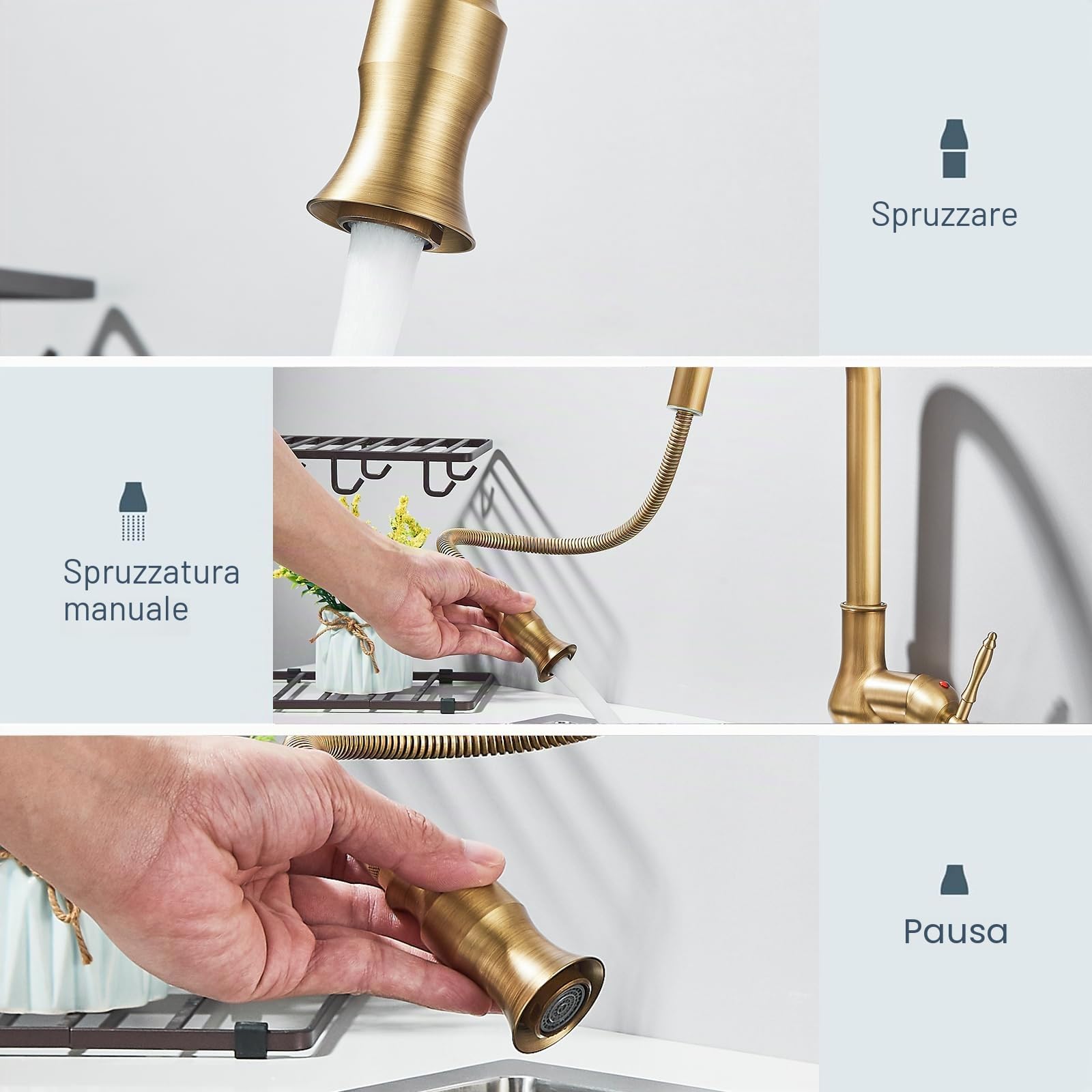 Rubinetto da Cucina in Ottone Antico Stile Retro, Miscelatore da Cucina con Doccetta Estraibile, Girevole a 360°, Monocomando con Funzione Spruzzo per Cucina
