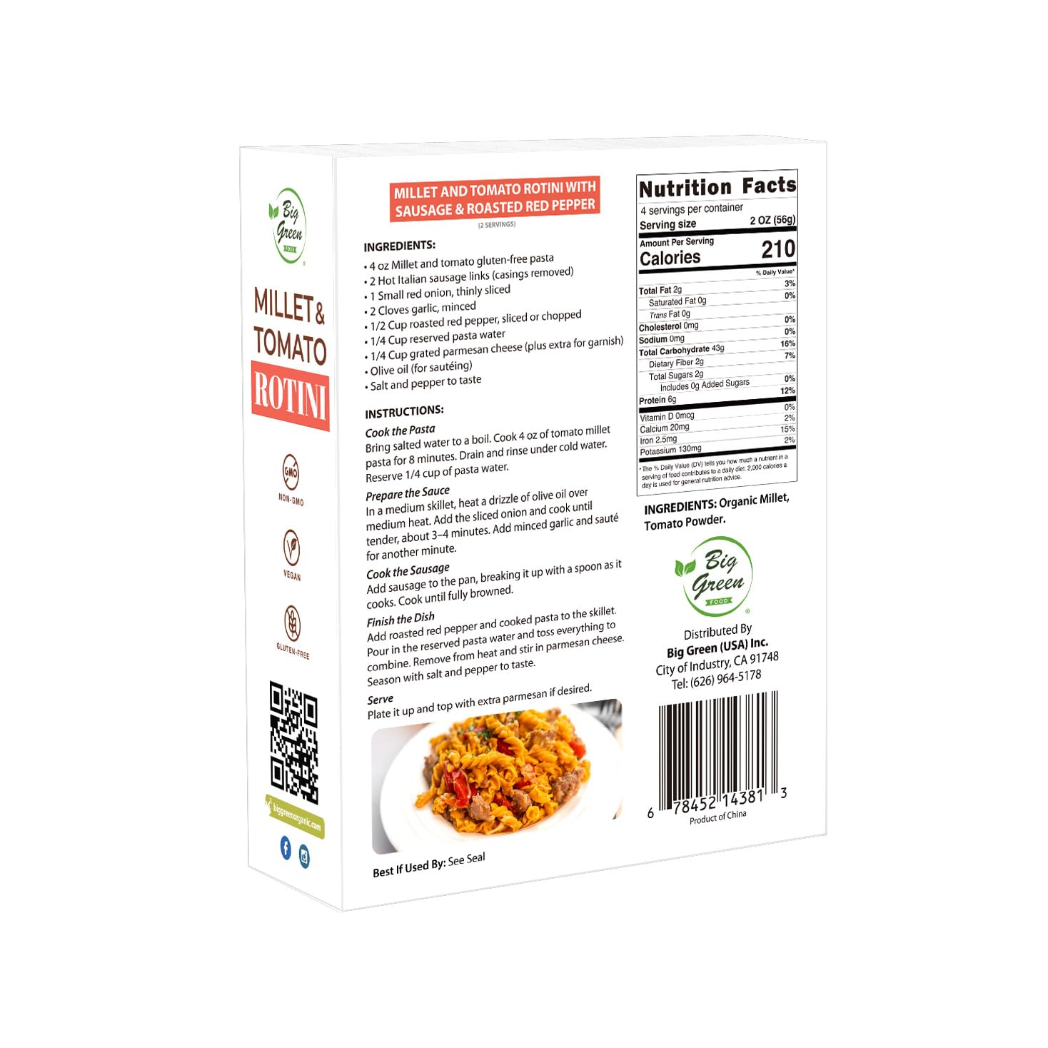 Big Green Food - Millet & Tomato Rotini Pasta, Gluten-Free, Non-GMO, Vegan, Wheat-Free, Made with Millet and Tomato (6 Boxes)