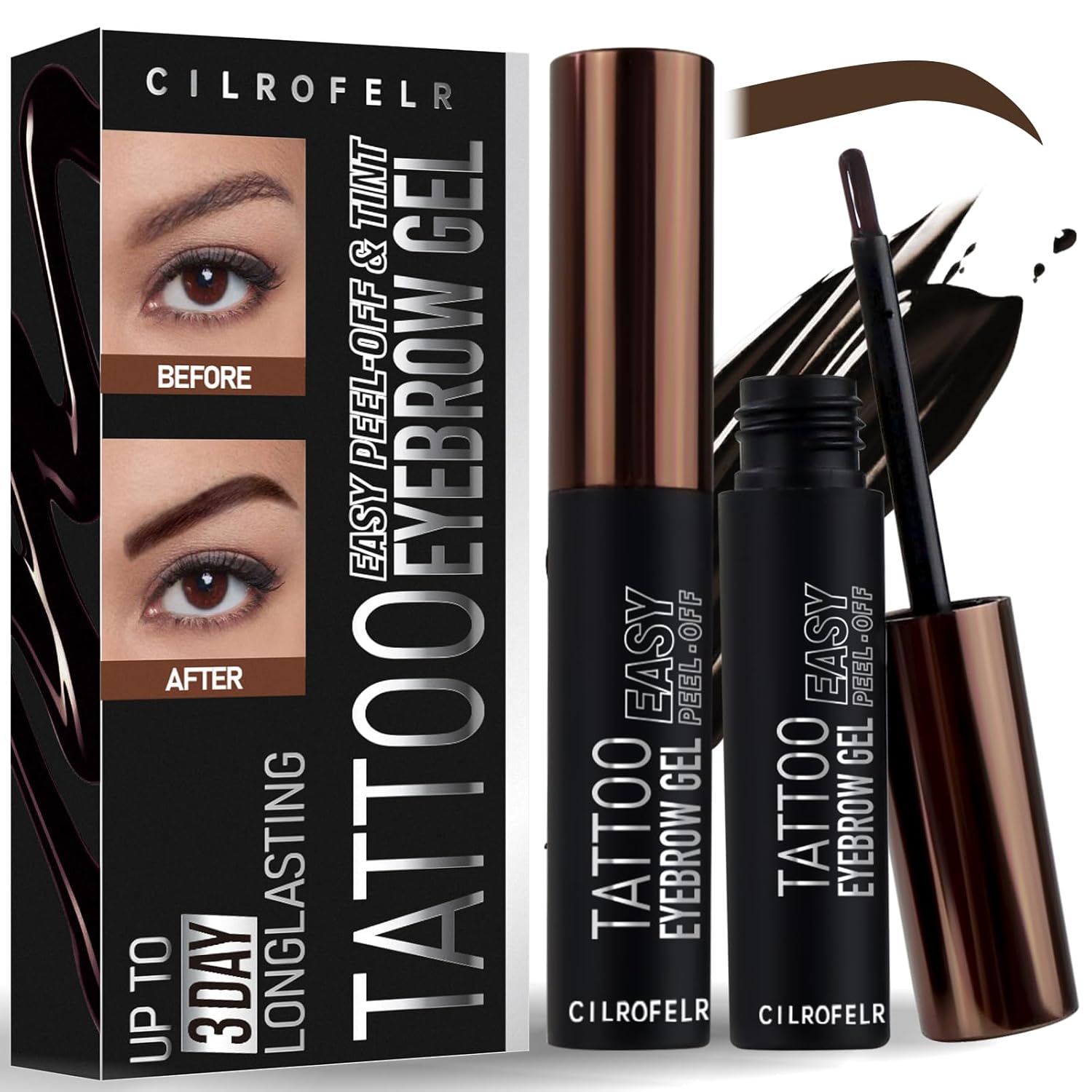 Cilrofelr Tattoo Peel Off Eyebrow Gel, Easy Tattoo Brow Peel Off Gel, Last Up to 3 Days, Waterproof, Transfer-proof, For Fuller & Defined Looking Brows, Black Brown(2 Pack)