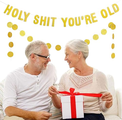 Miniatura 3 de Decoraciones de fiesta de cumpleaños Holy Sht You're Old Glitter Gold Banner Circle Dots Garland Happy Birthday Cake Topper 30th-40th-50th-60th-70th