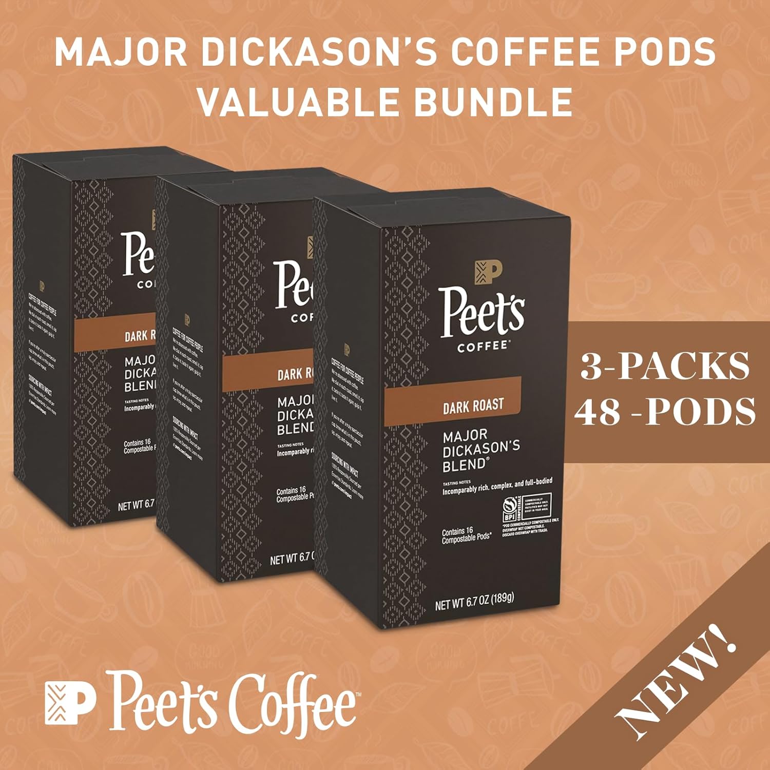 Peet’s Major Dickason’s Coffee Pods – 48 Count (3 Packs of 16) – Dark Roast with Bold, Rich Flavor and Smooth Finish – Compatible with Pelecom Coffee Machines – Peet’s Coffee Pods & Capsules