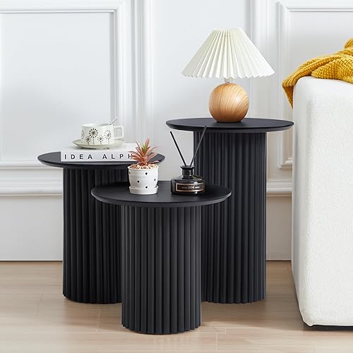 Miniatura 8 de Juego de 3 mesas redondas anidadas, mesa de café y mesa auxiliar de estilo Mid Century Modern con estrías, mesa lateral pequeña de madera circular