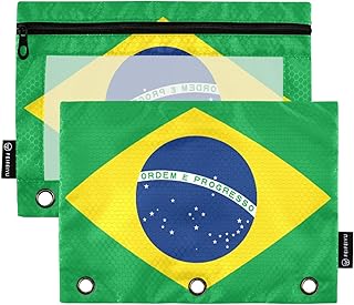 Fisyme Brazil Flag Pencil Pouch for 3 Ring Binder Pencil Case Pencil Bag Zipper Pouch with Clear Window for Office Supplies 2 Pack
