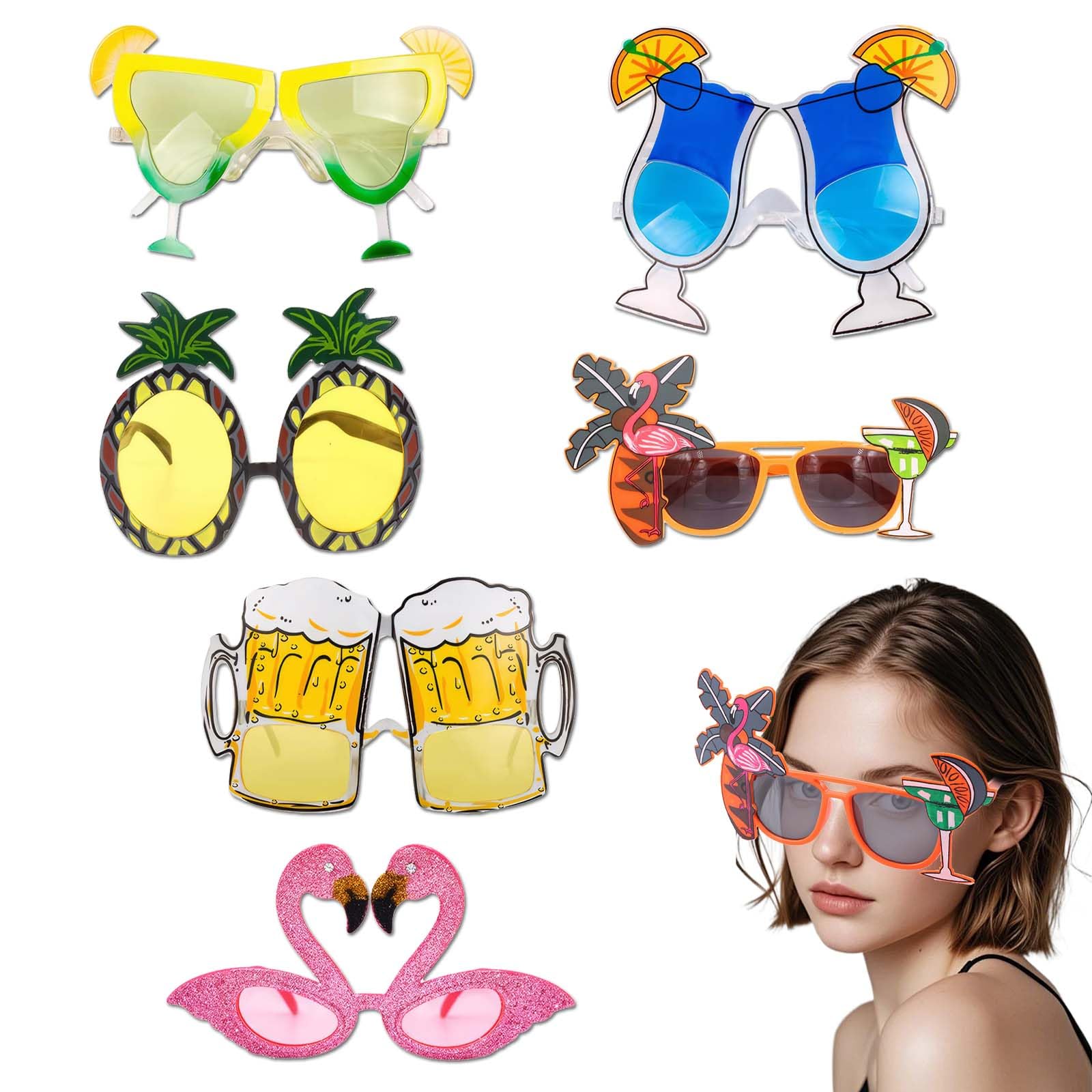 Eowppue 6 works Hawaiian-Style Sunglasses, Decorative Frame Glasses, Colorful Themed Eyewear for Styling and Visual Accent
