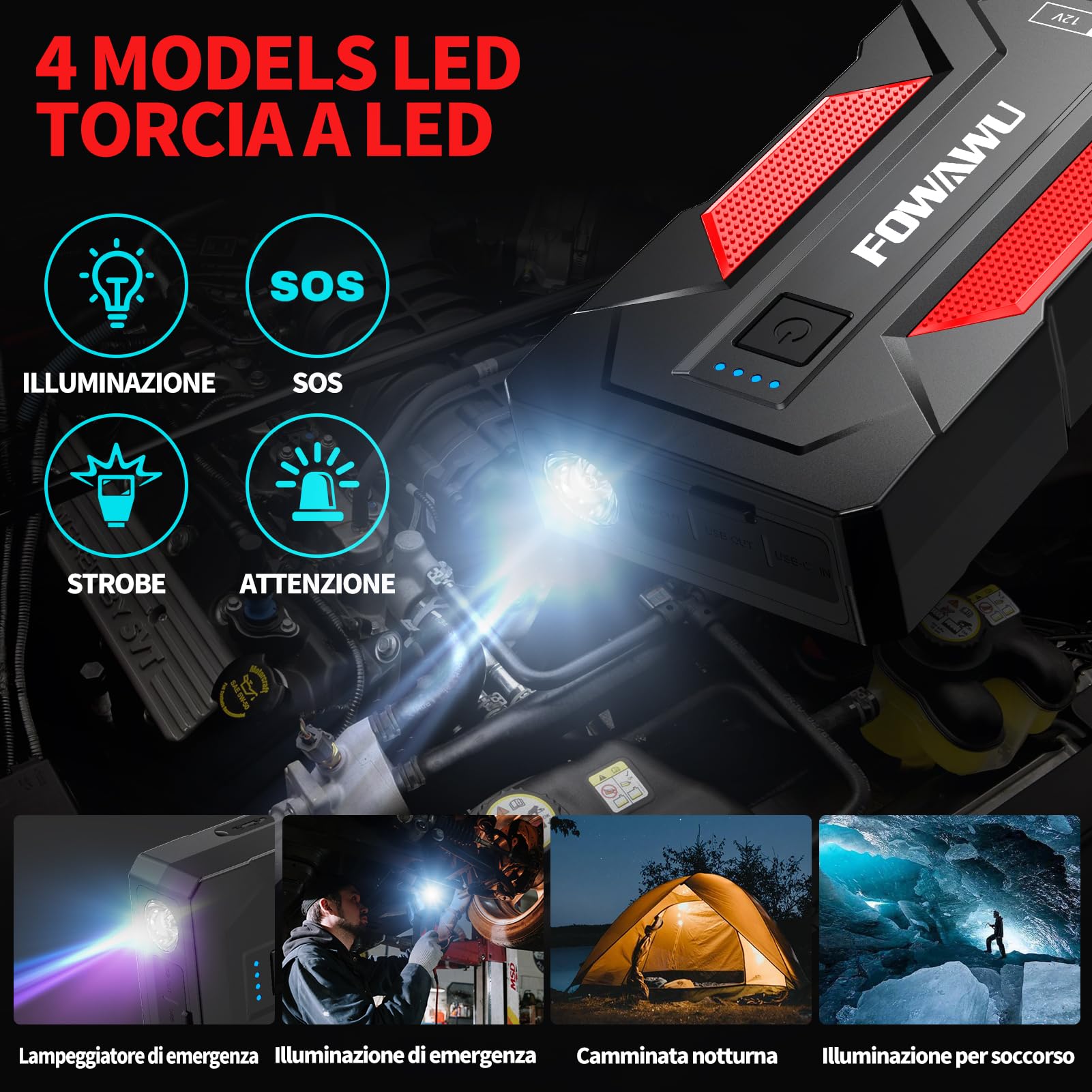 FOWAWU Avviatore Batteria Auto 6000A 24800mAh, Auto/Moto(Motori Fino a 9,5 L Gas o 7,5 L Diesel), Avviatore di Emergenza per con Smart-Clip, Torcia a LED, USB 3,0