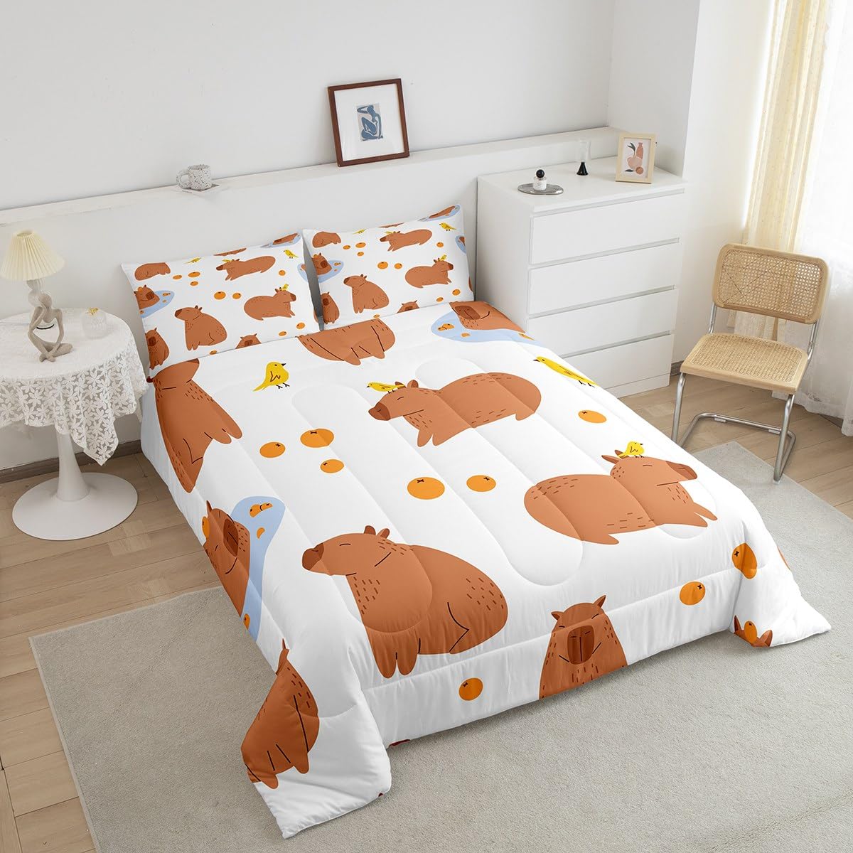 Loussiesd Cartoon Capybara Comforter Set arancione Capybara Comforter Set per bambini divertente carino Capybara Comforter Kawaii Animal Set Trapunta traspirante Set 2 pezzi 135x200cm