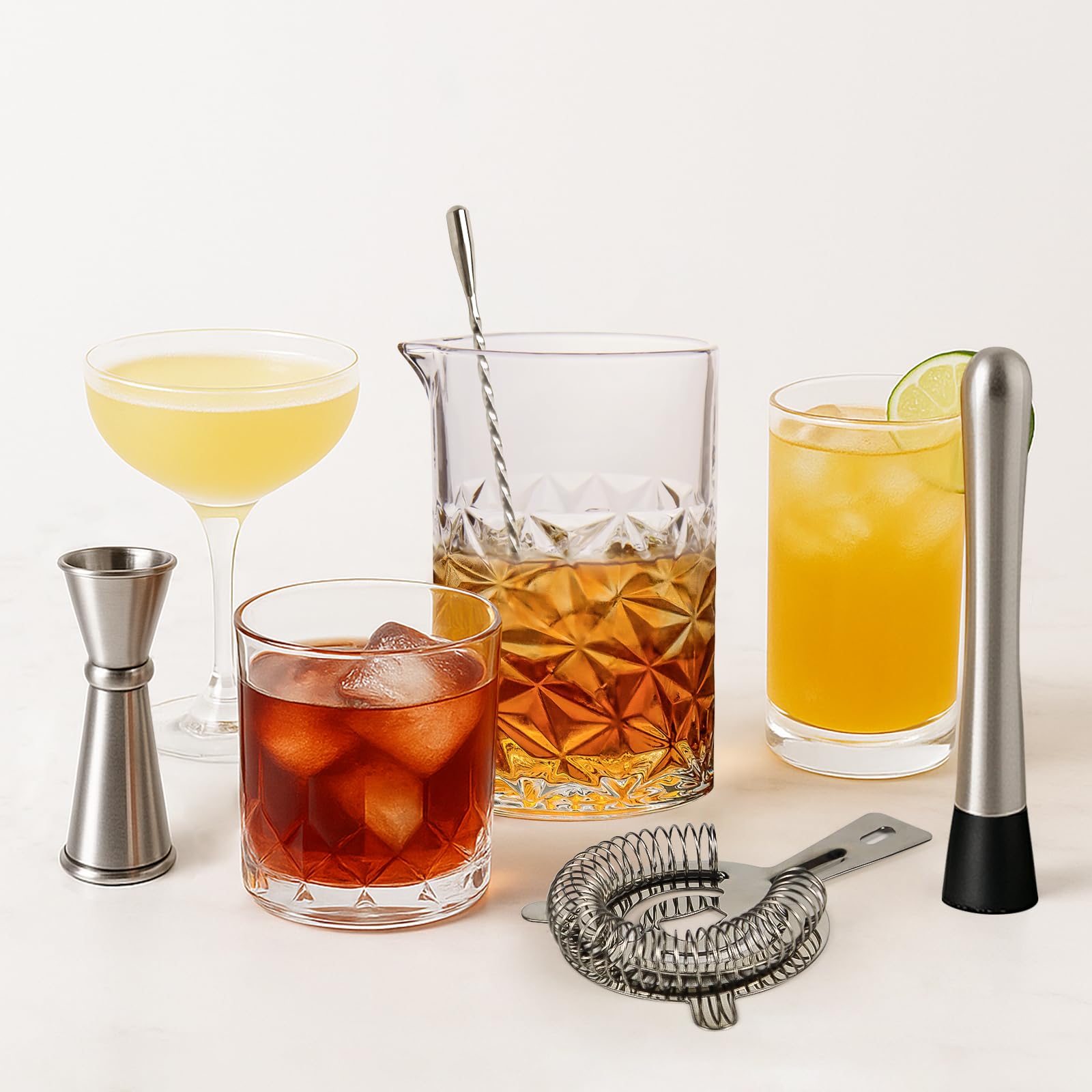 Kit de mezcla de cóctel, incluye vaso agitador de 24 onzas, colador, medidor, cuchara, mortero