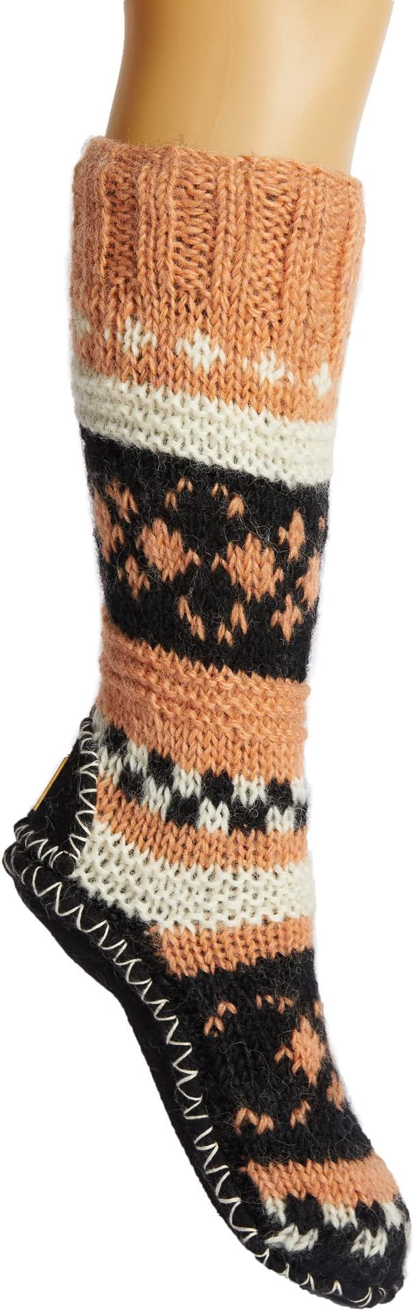 Tibetan Socks Hand Knit Wool Fleece Lined Long Slipper Socks with Non Slip Soles