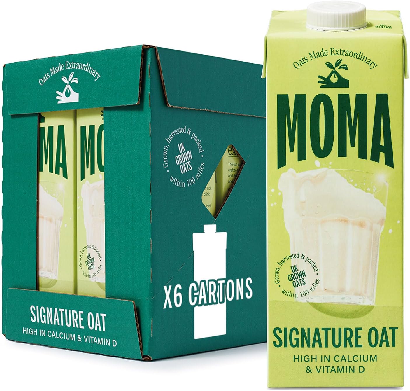 MOMA – Signature Oat Drink – 1L x 6 • 100% Plant-Based & Vegan • Made with British Wholegrain Oats • Low in Saturated Fat • No Added Sugar • Enriched with Vitamins