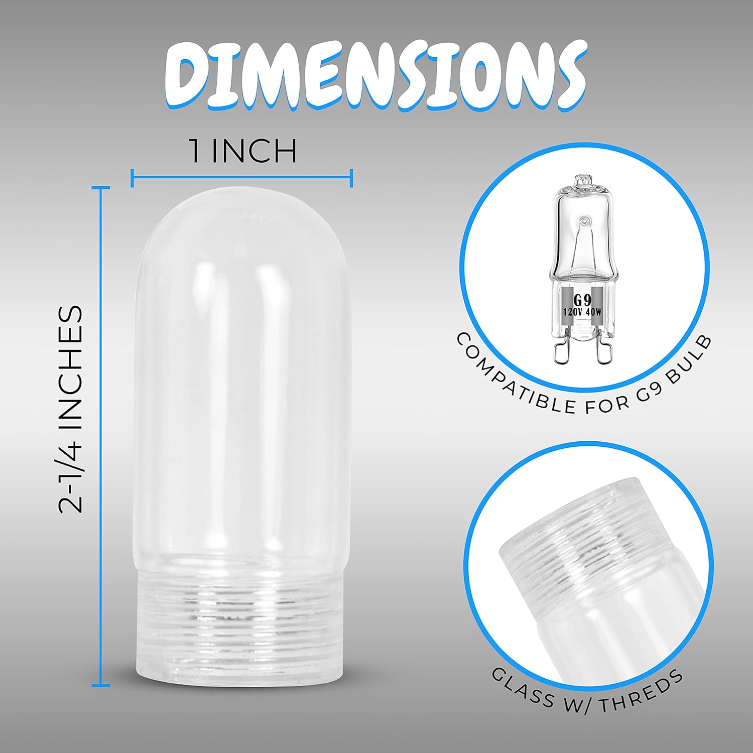OhLectric Tubular G9 Glass Cover - Threaded Bulb Cover - Sturdy Clear Glass Protectant for Bulb - Heat Resistance Up to 500C - 2.25" - Clear - OL-41332
