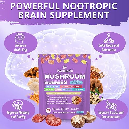Miniatura 3 de Gomitas complejas de hongos con Ashwagandha y melena de león, Reishi, Cordyceps, Maitake, Shitake, Chaga y cola de pavo Gomitas nootrópicas para