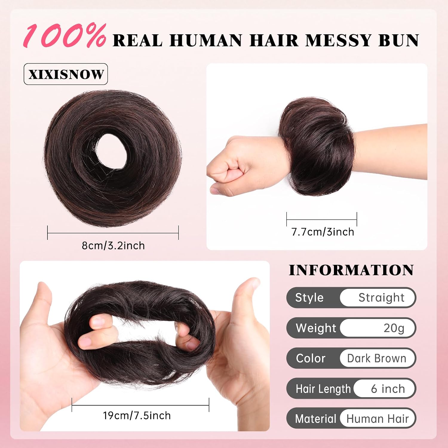 Messy Buns Hair Pieces 100% Human Hair Chignons Scrunchie Elastic Rubber Band Messy Bun Hair Piece Stretchy Fluffy Donut Updo Bun Wig Smooth Hair Bun Extensions for Women Natural Dark Brown