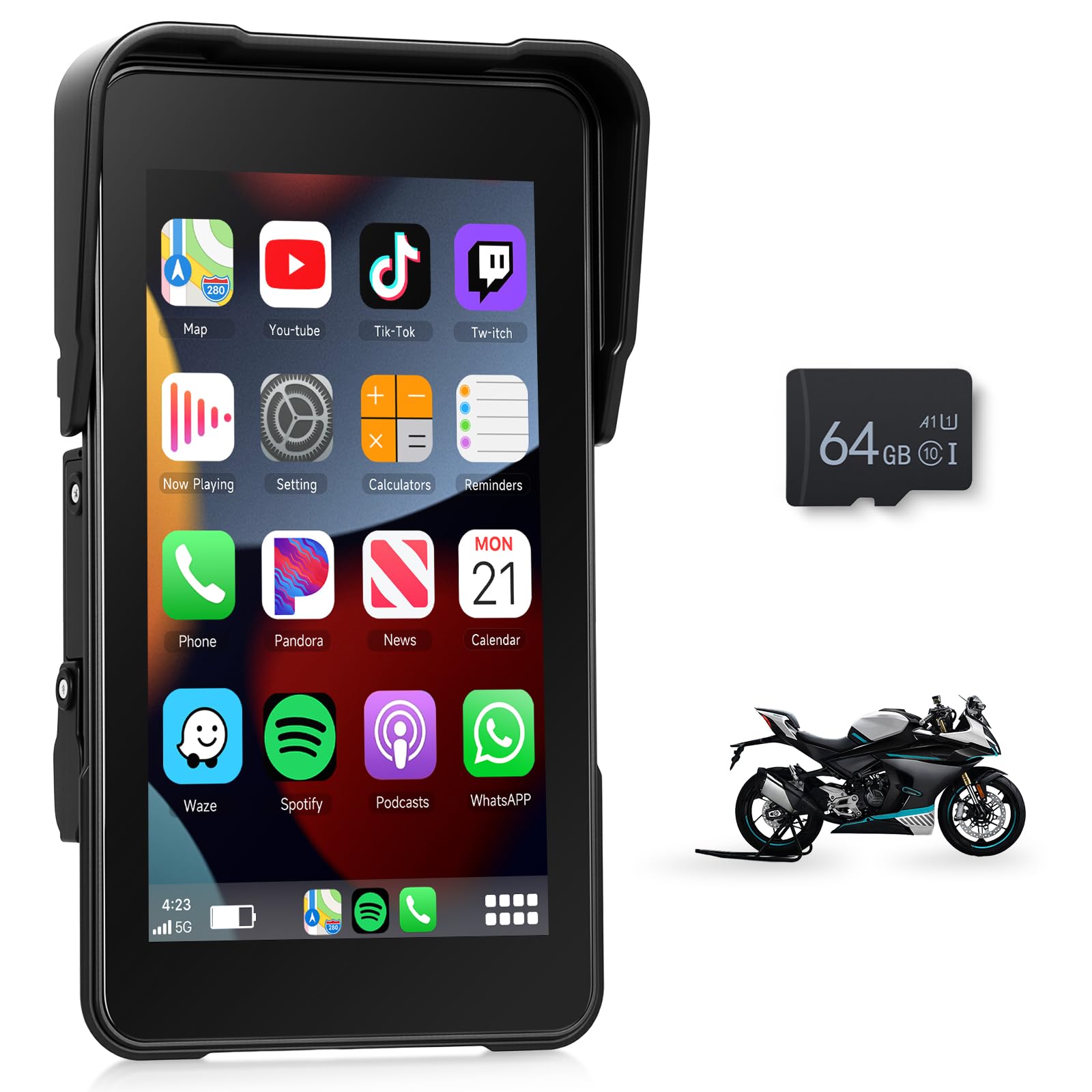 Motorcycle Carplay Screen 5 Inch GPS Navigation System with Wireless Carplay and Android Auto IP68 Waterproof Portable Screen Plug and Play with Bluetooth Navigation Software Upgrade Brightness Adjust